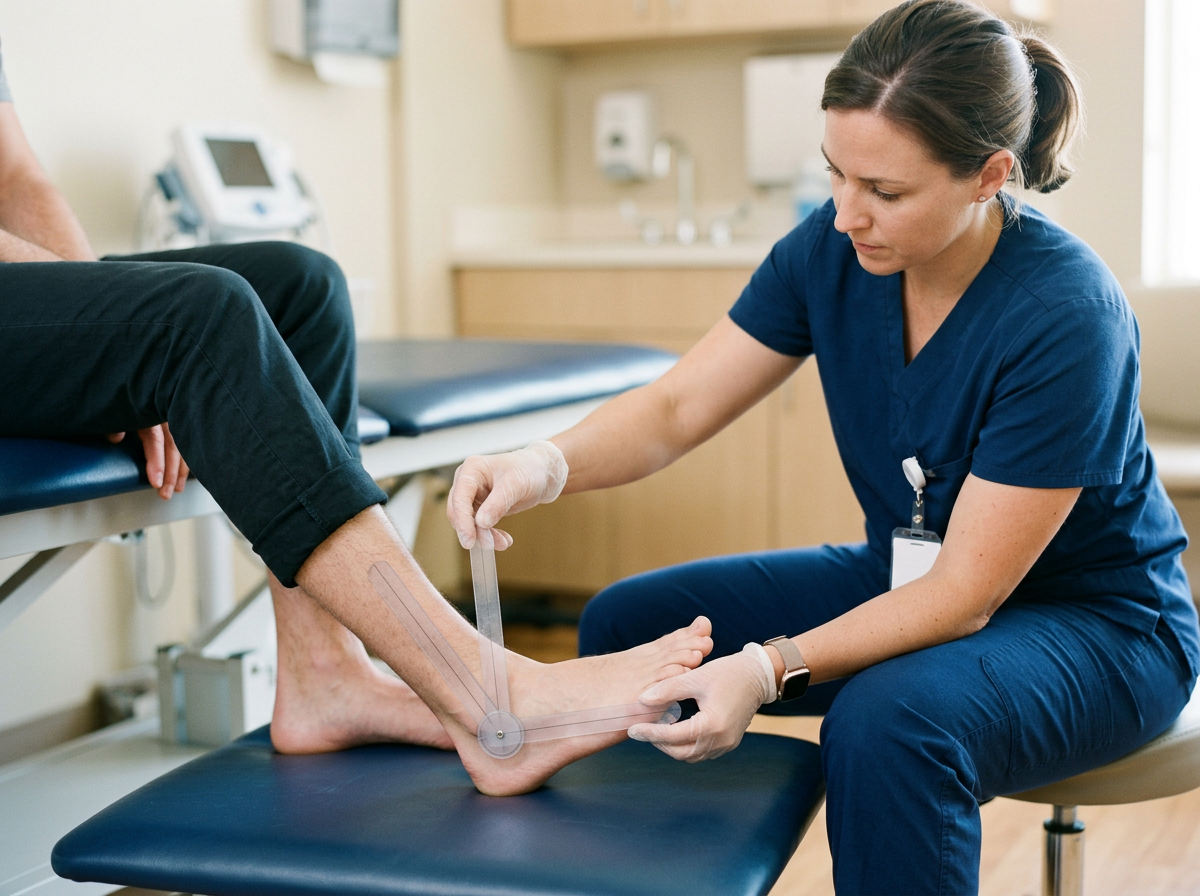 Clinical photograph of an examiner using a goniometer to measure the range of motion of a patient's ankle