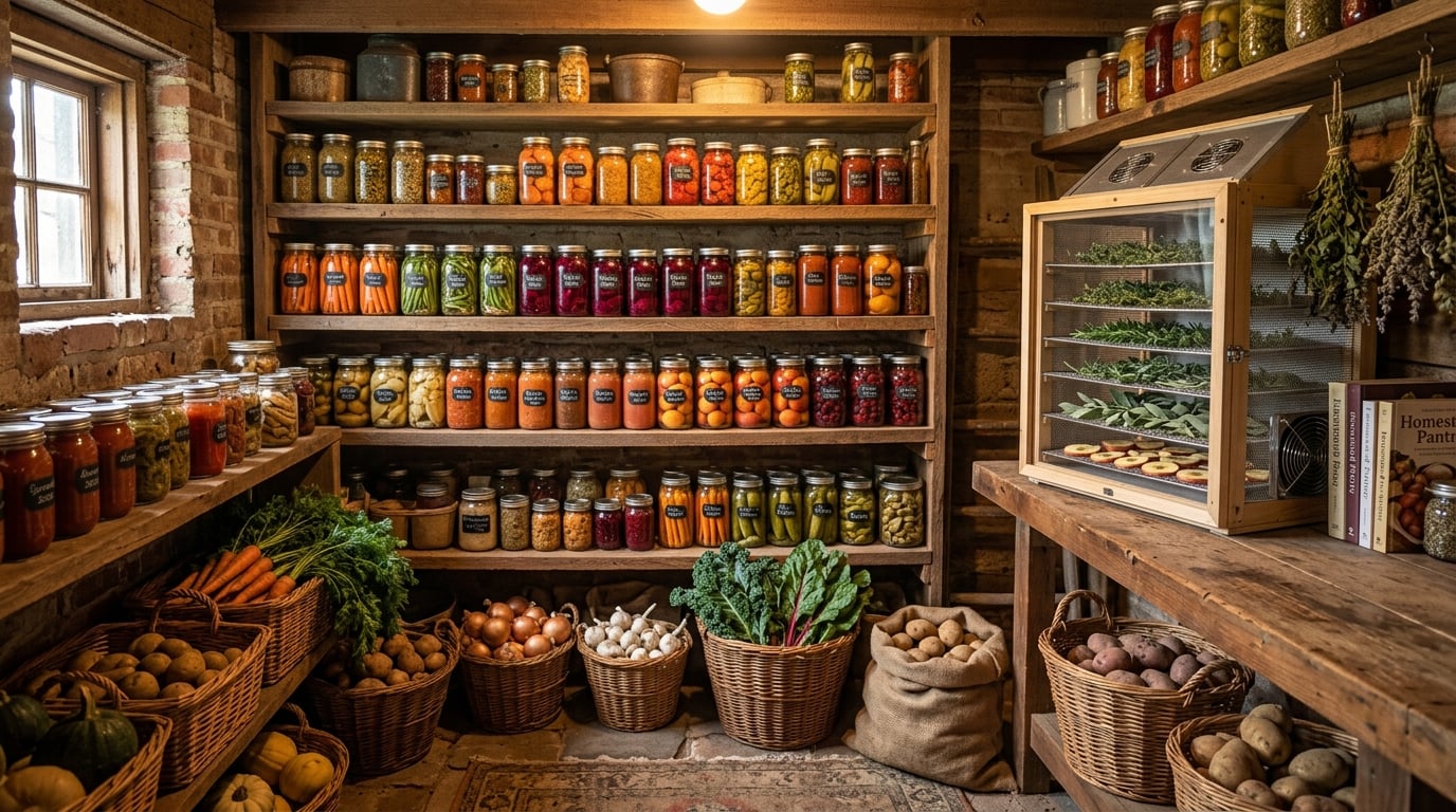 Root cellar pantry with jars of preserved vegetables, a solar dehydrator and baskets of fresh garden produce