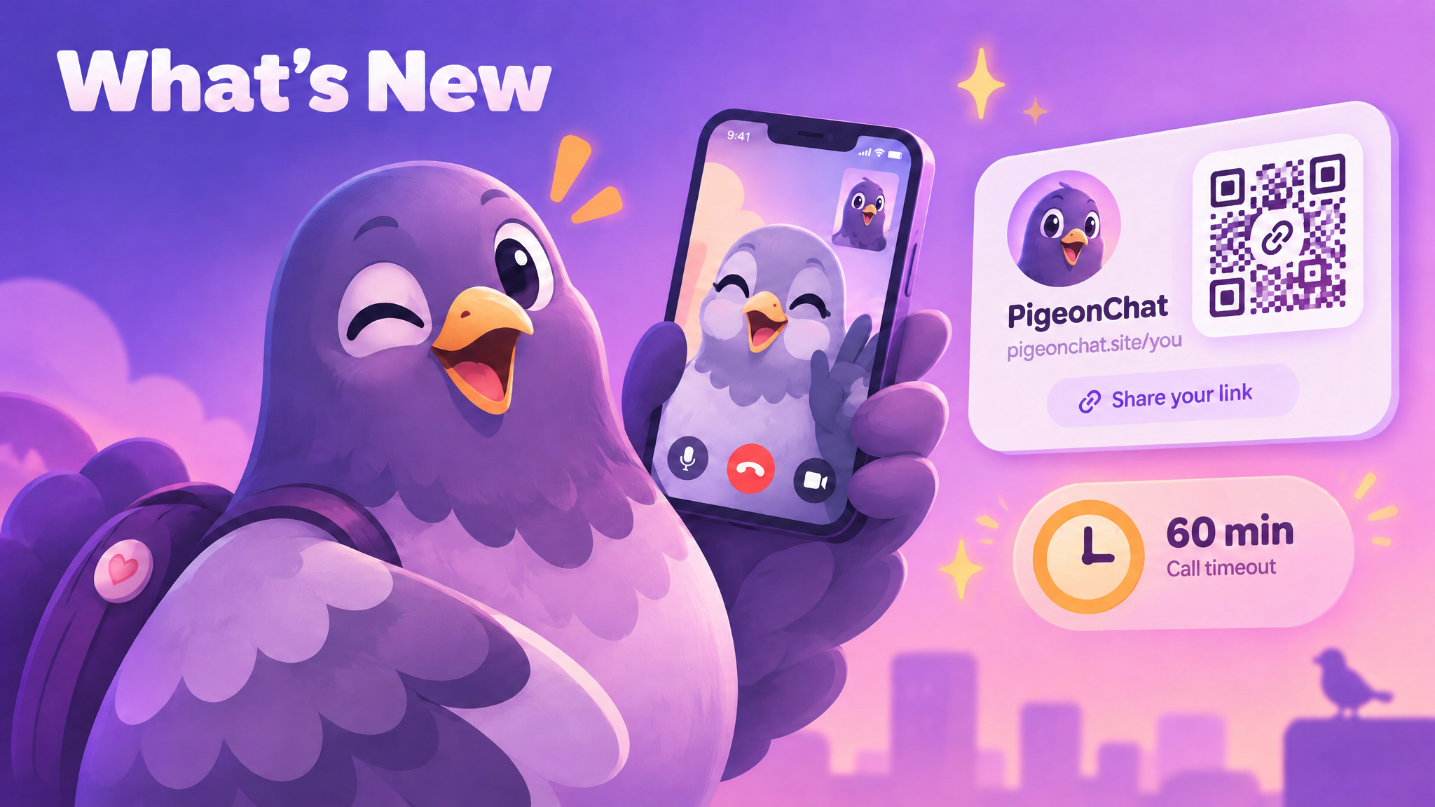 Pigeon mascot making a video call on a smartphone with another pigeon waving back, a profile card with a link icon, and a clock badge showing 60 min
