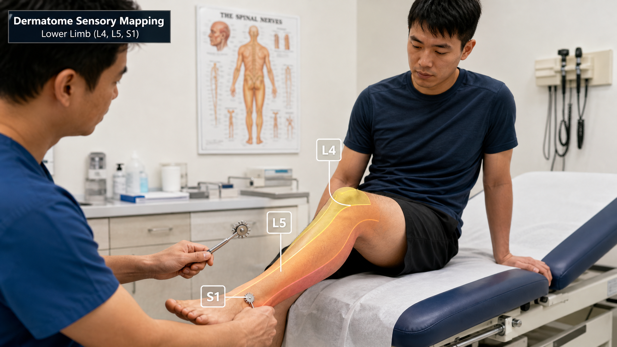 Clinician performing dermatome sensory mapping with a pinwheel along an Asian man's lower leg and top of the foot, small L4, L5 and S1 labels