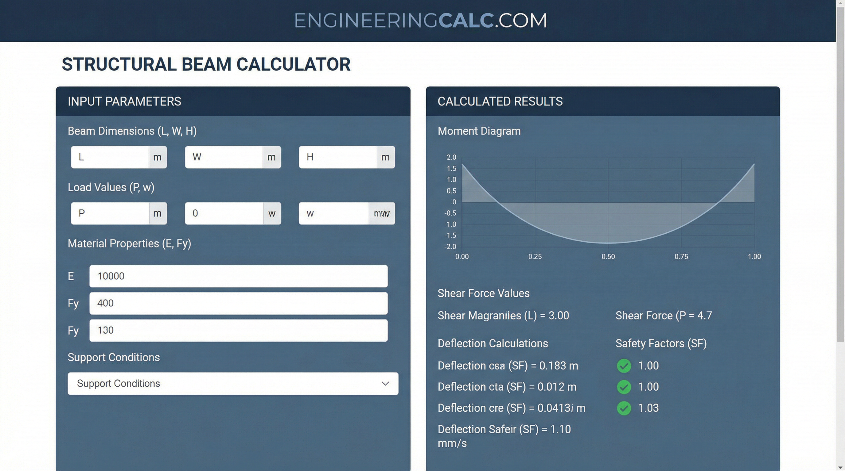 Engineering calculator interface for structural beam calculations