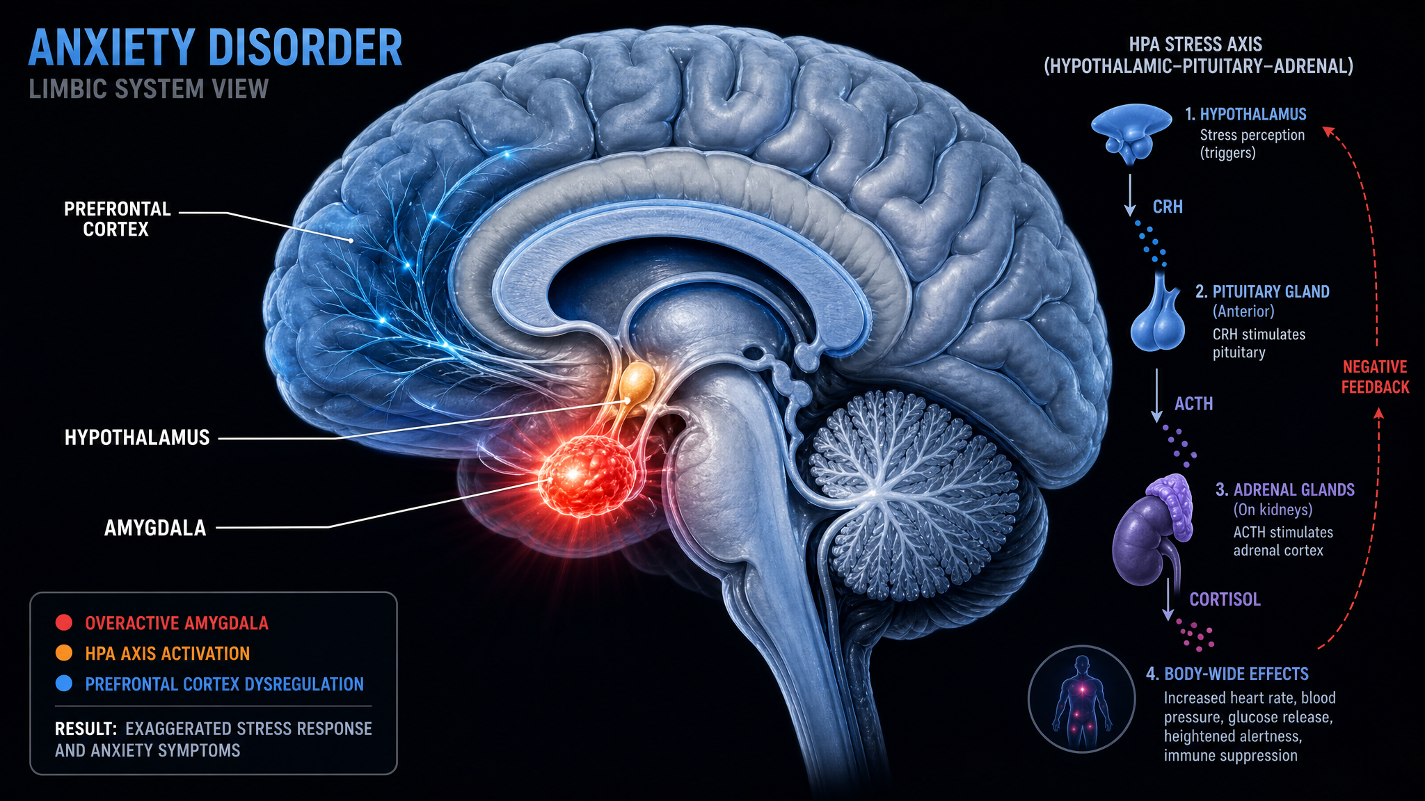 Anxiety disorder brain diagram, overactive amygdala and HPA stress axis