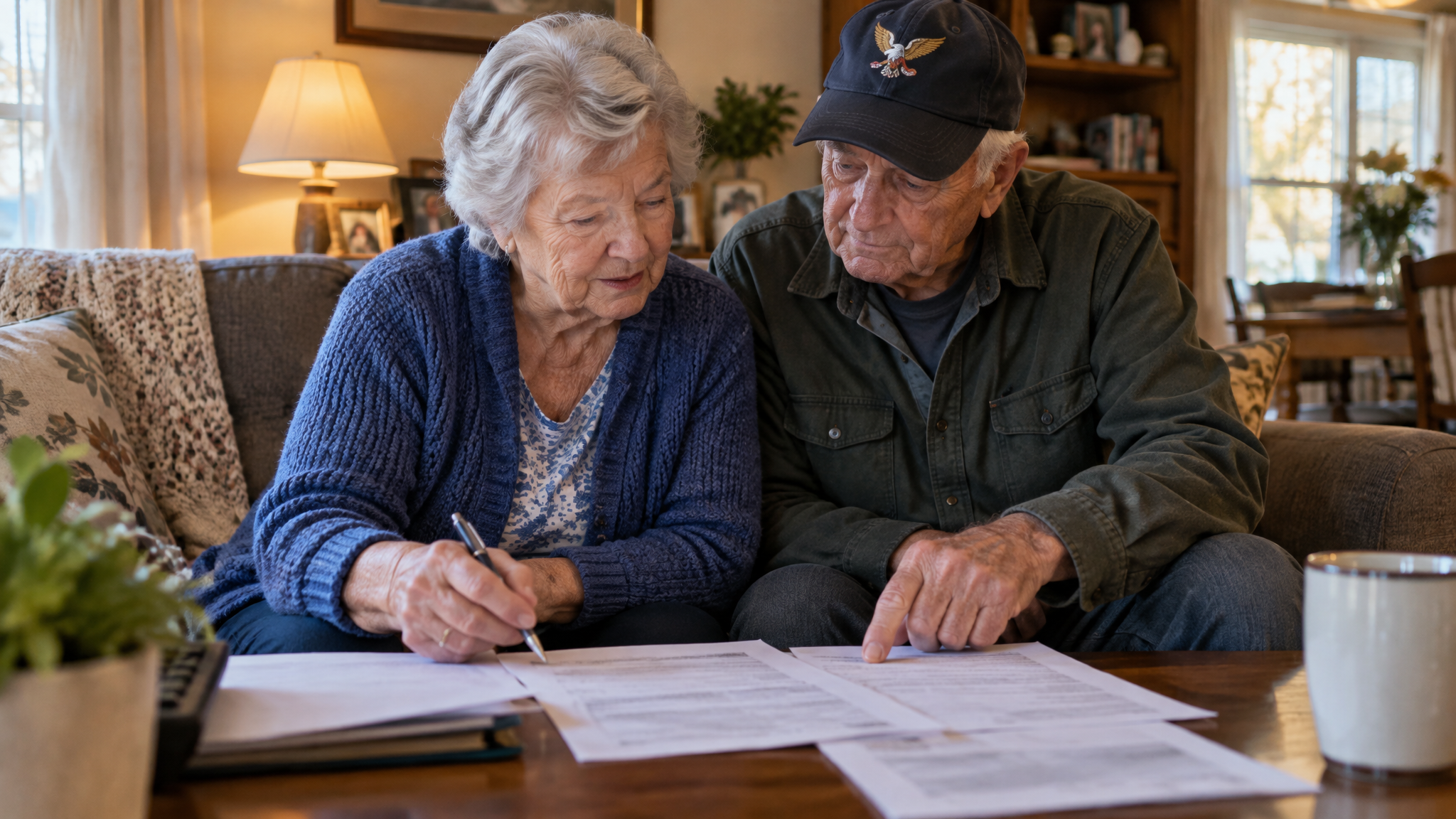 An older couple on their sofa going over paperwork together, the husband in a veteran cap