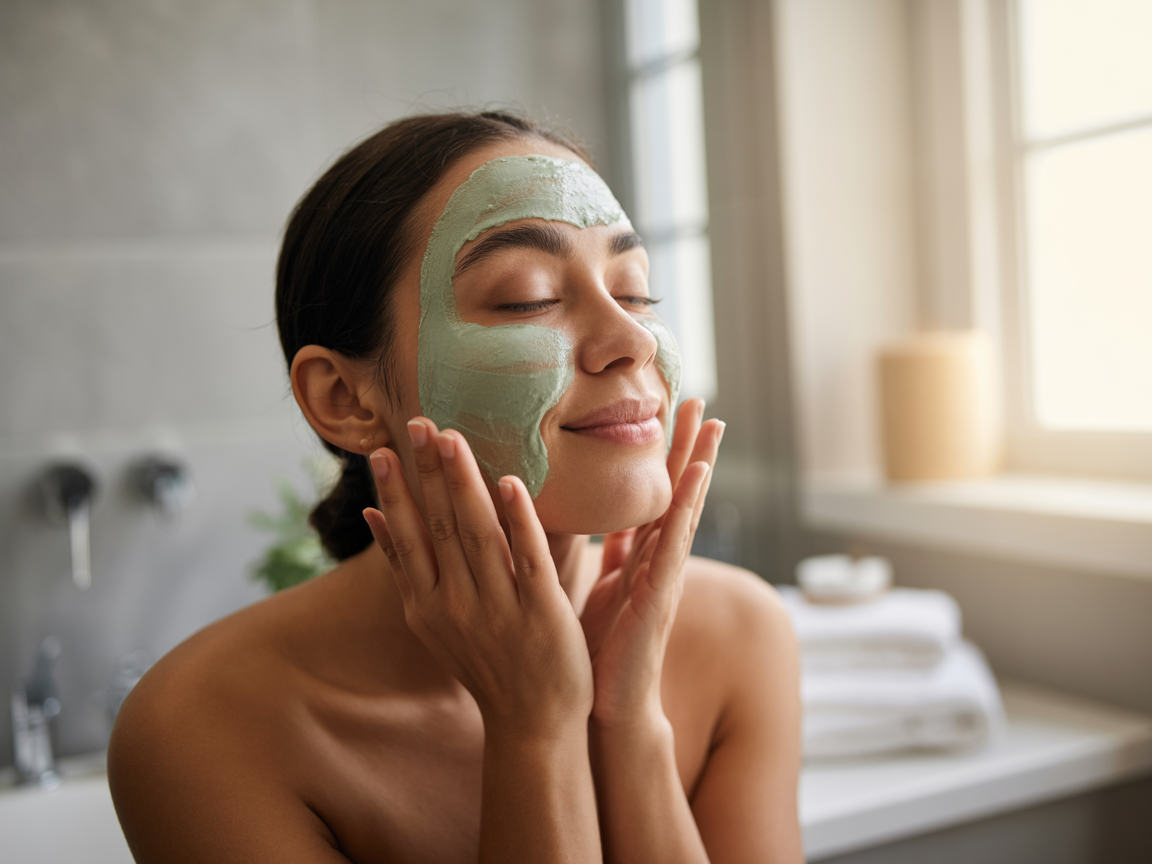 Woman applying CBD face mask as part of natural skincare routine