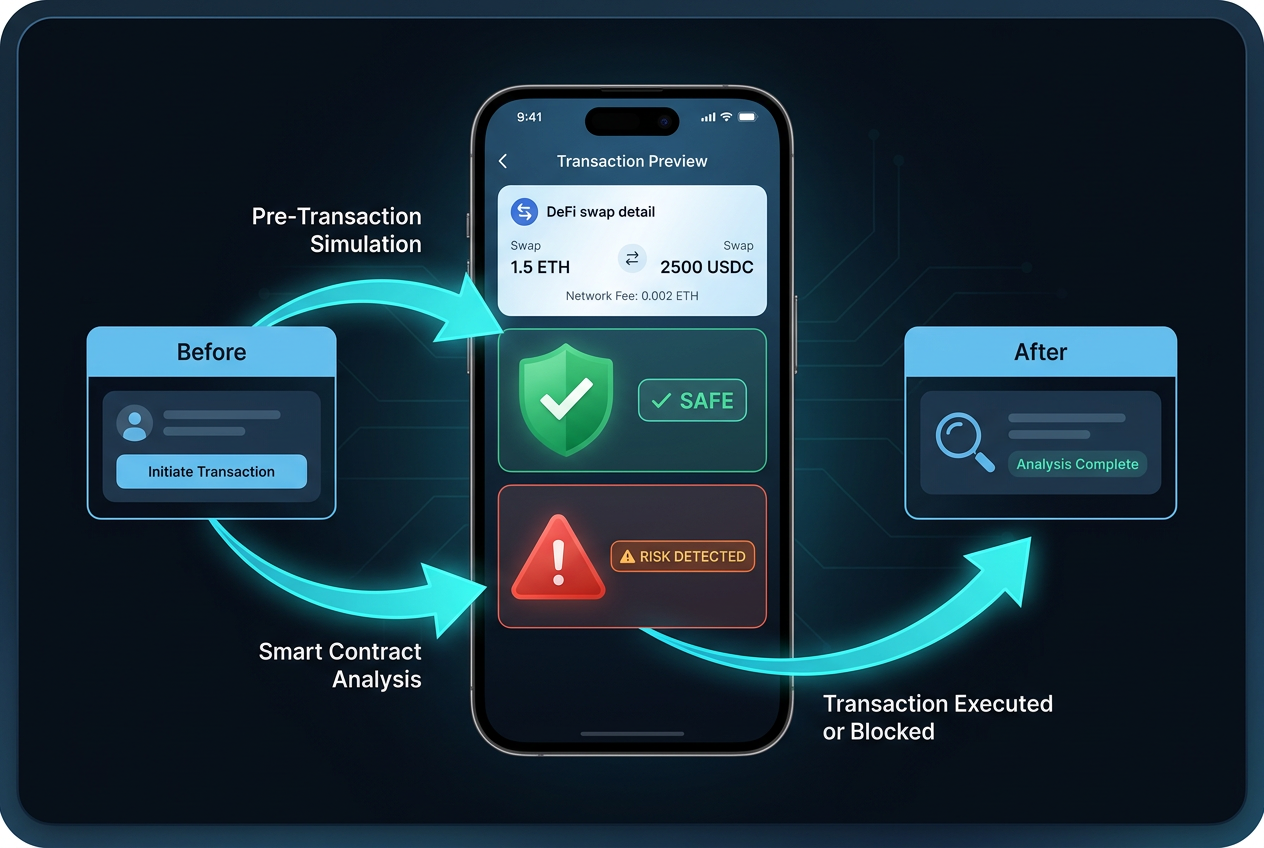 Rabby Wallet pre-transaction simulation security flow illustration