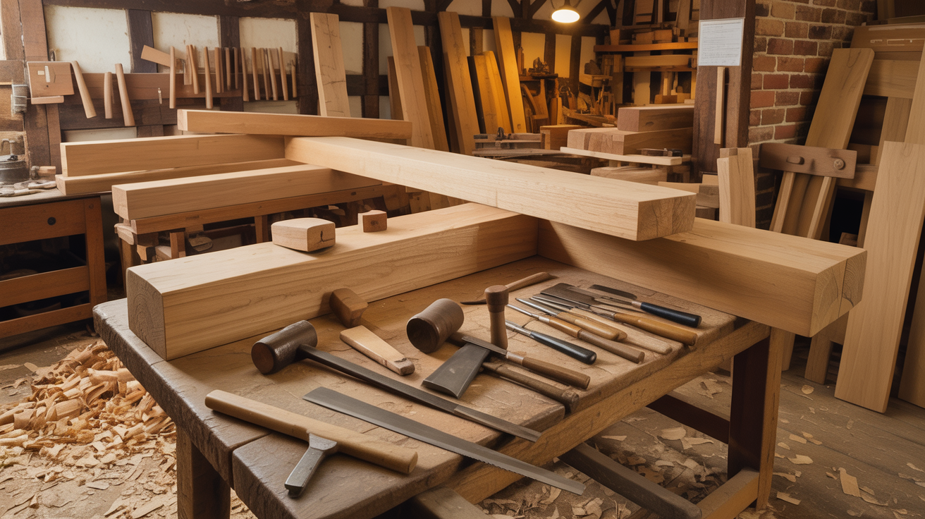 Traditional woodworking workshop with oak beams and heritage tools