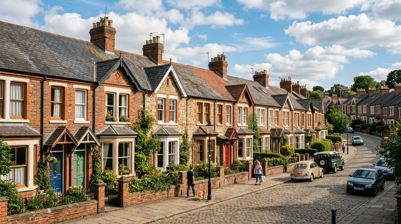 UK terraced street of houses with tiled pitched roofs