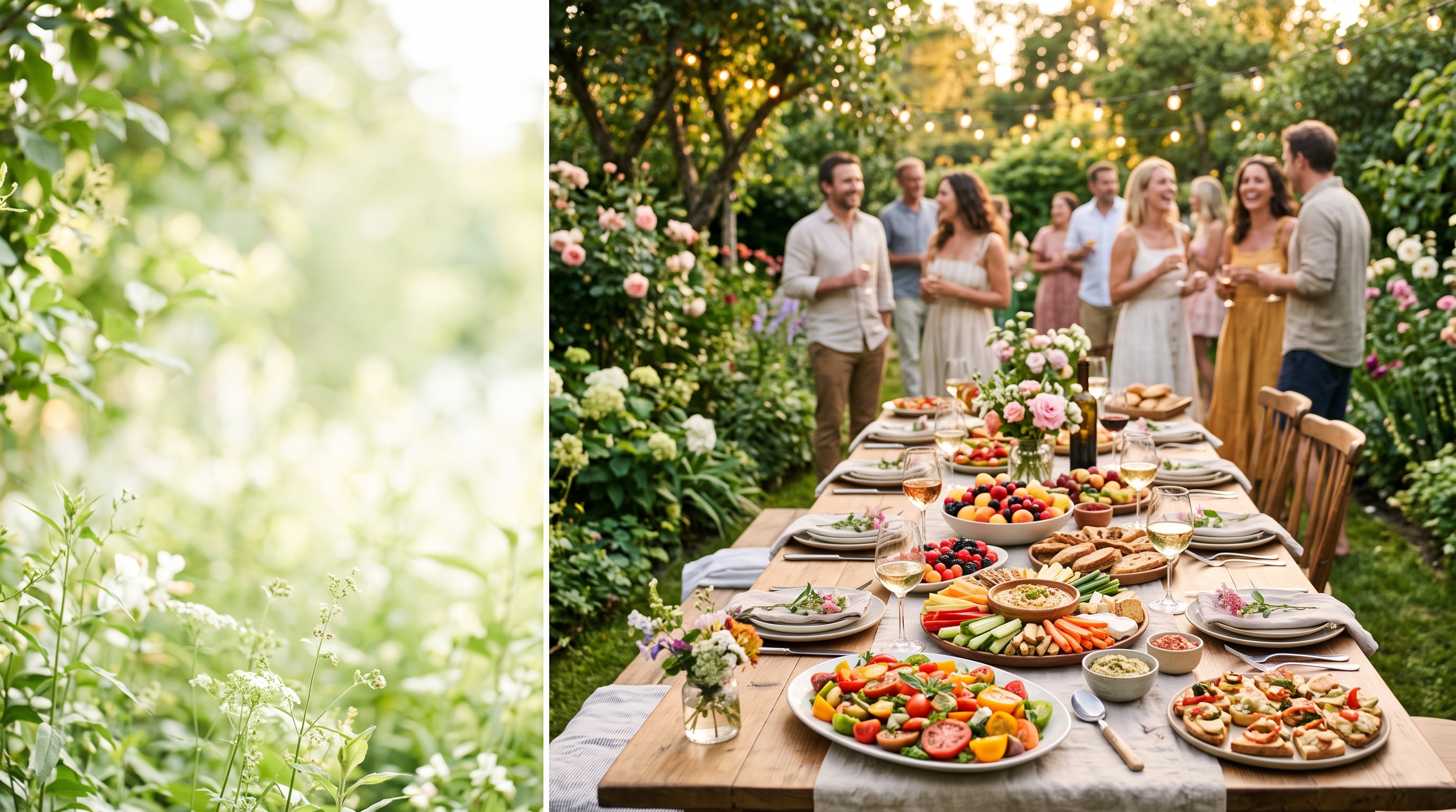 Fröhliche Gartenparty mit reich gedeckter Tafel im Sonnenlicht