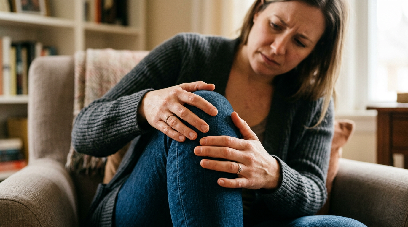 Photograph of a person with both hands cupped around their knee, wincing as they feel the joint grind during movement
