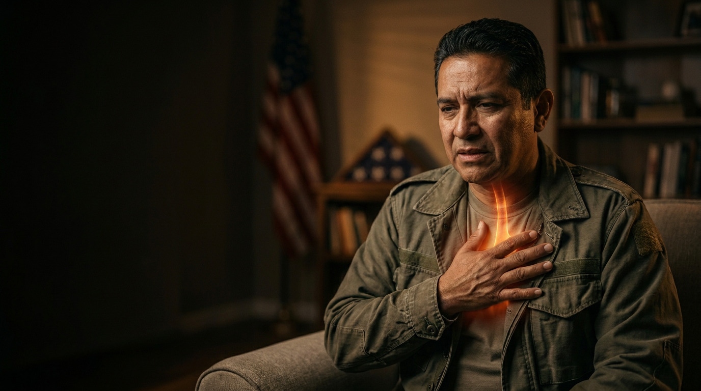 A male military veteran in his fifties seated at home pressing one hand to his upper chest with a look of discomfort from acid reflux, an American flag softly out of focus behind him