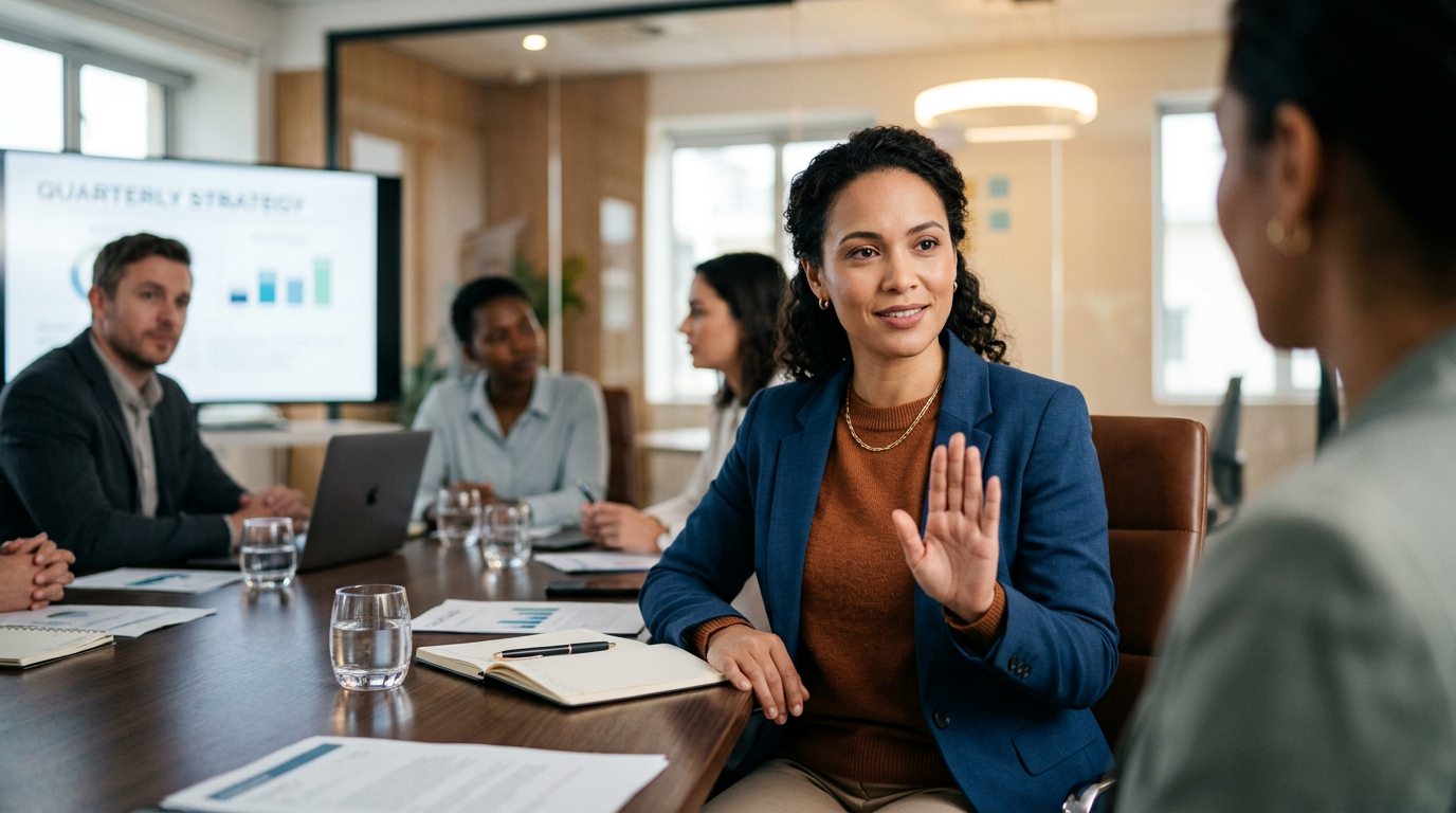 Profissional dizendo não com confiança em reunião de trabalho