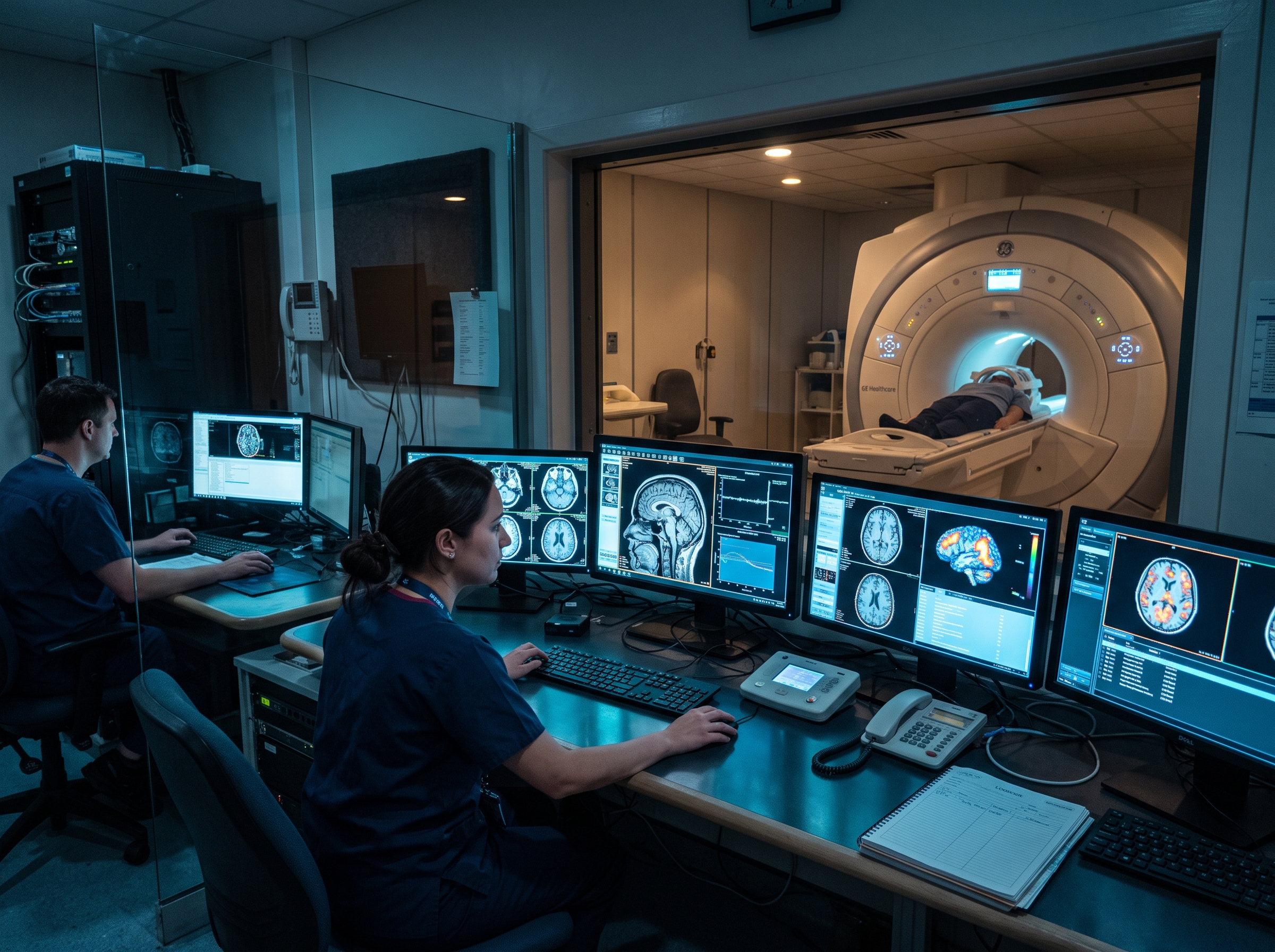 Laboratorio de neuroimagen con monitores de escáneres cerebrales