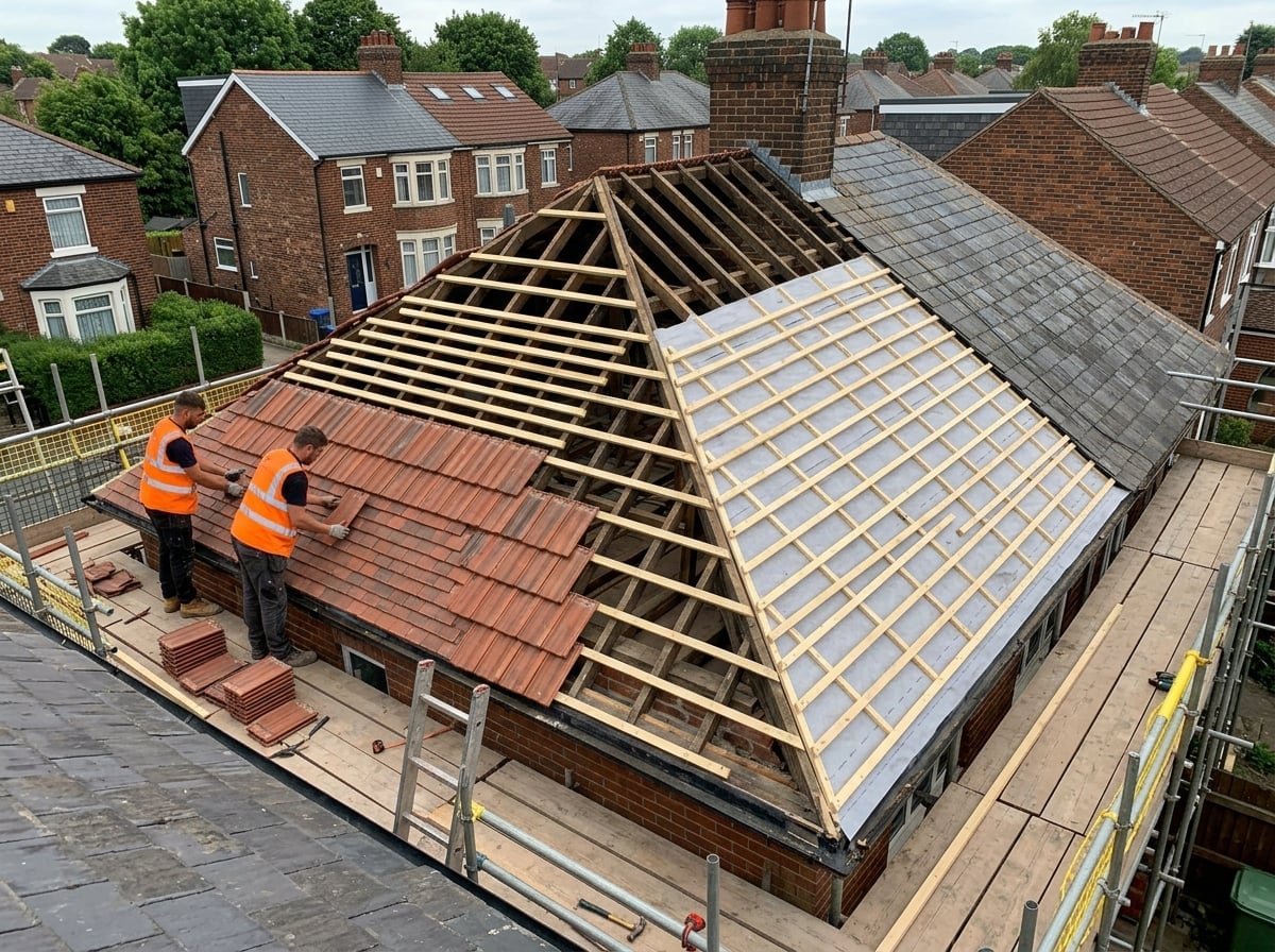 Roof construction in progress showing craftsmanship