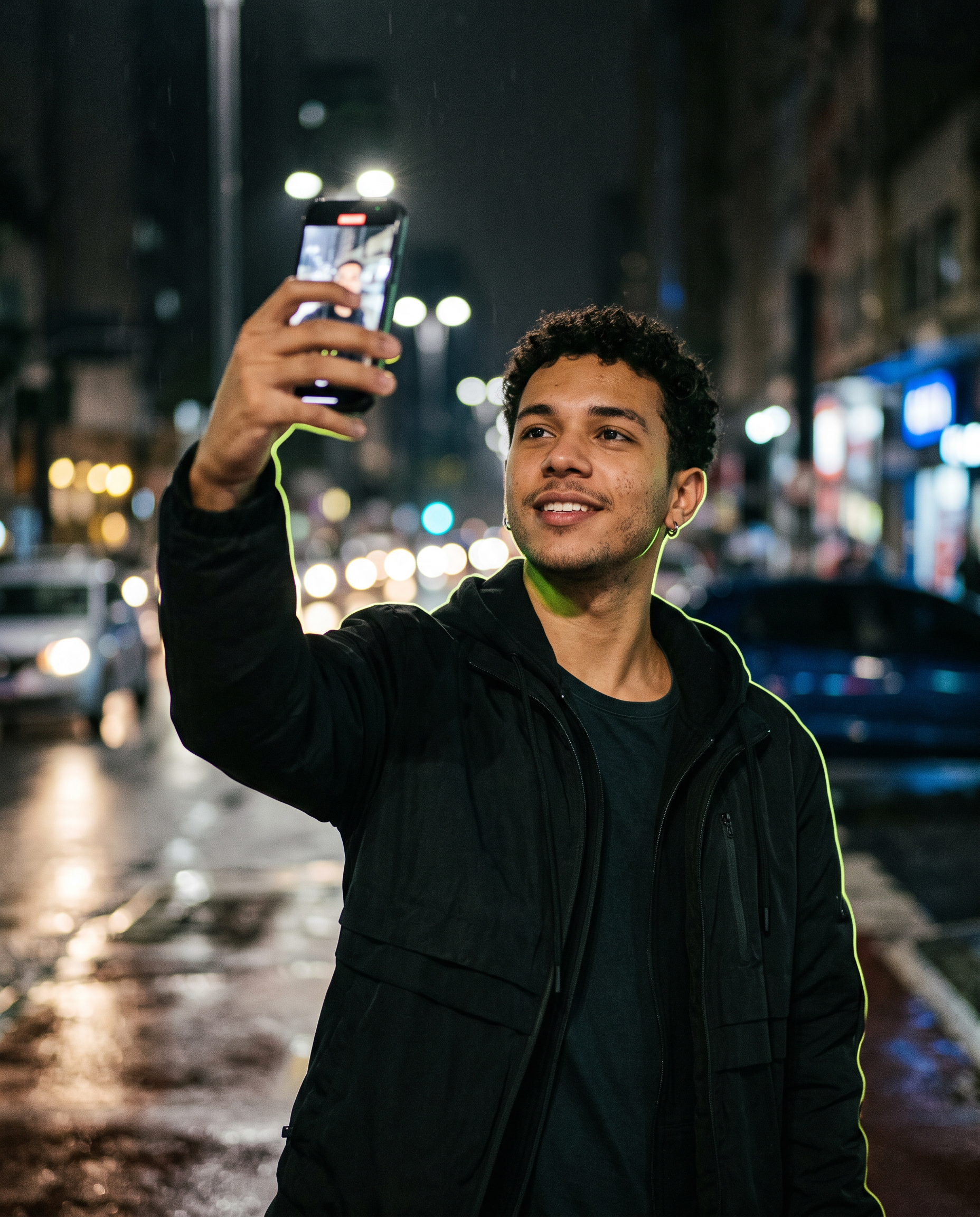 Creator gravando um vídeo com o celular à noite, iluminado por luz neon verde