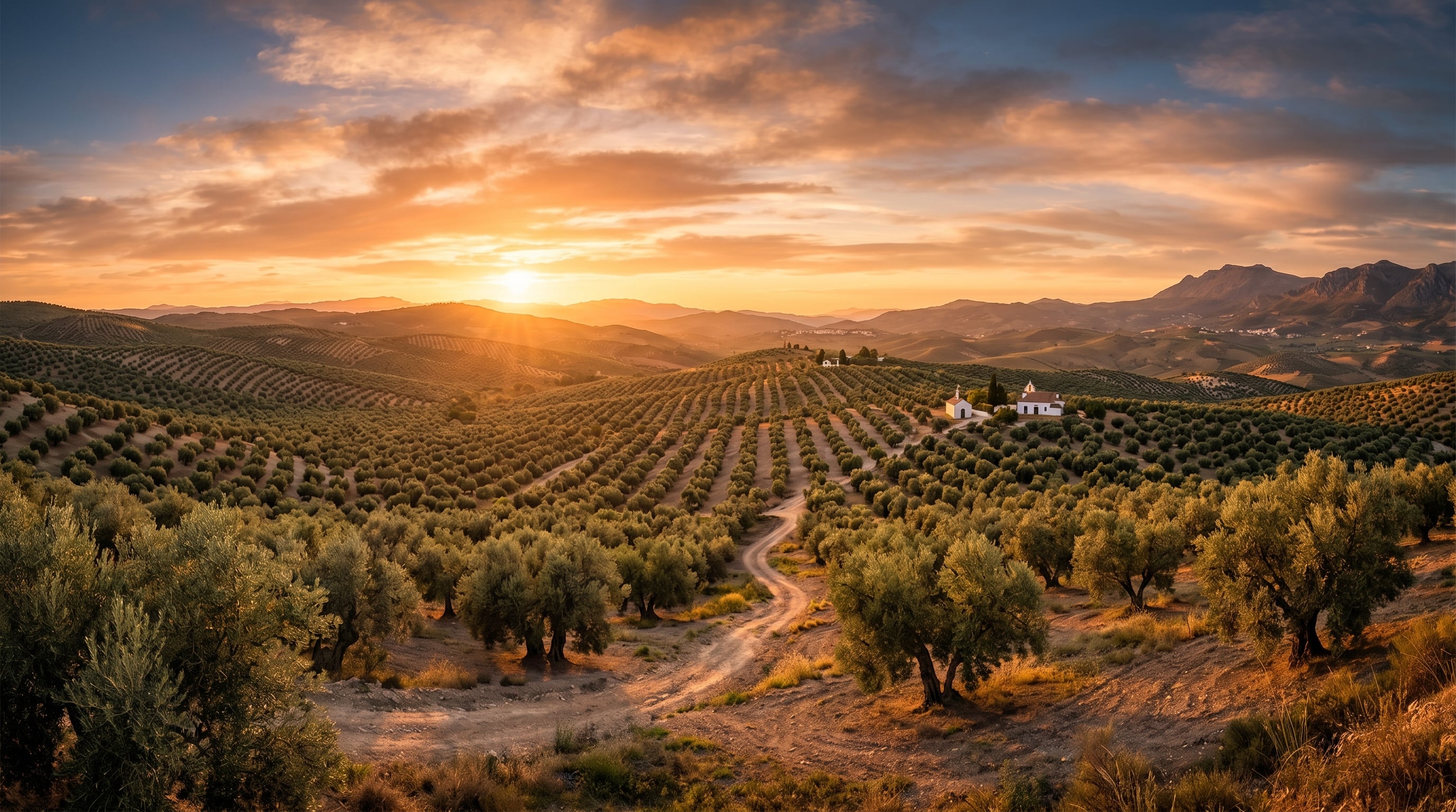 Olivar español al atardecer