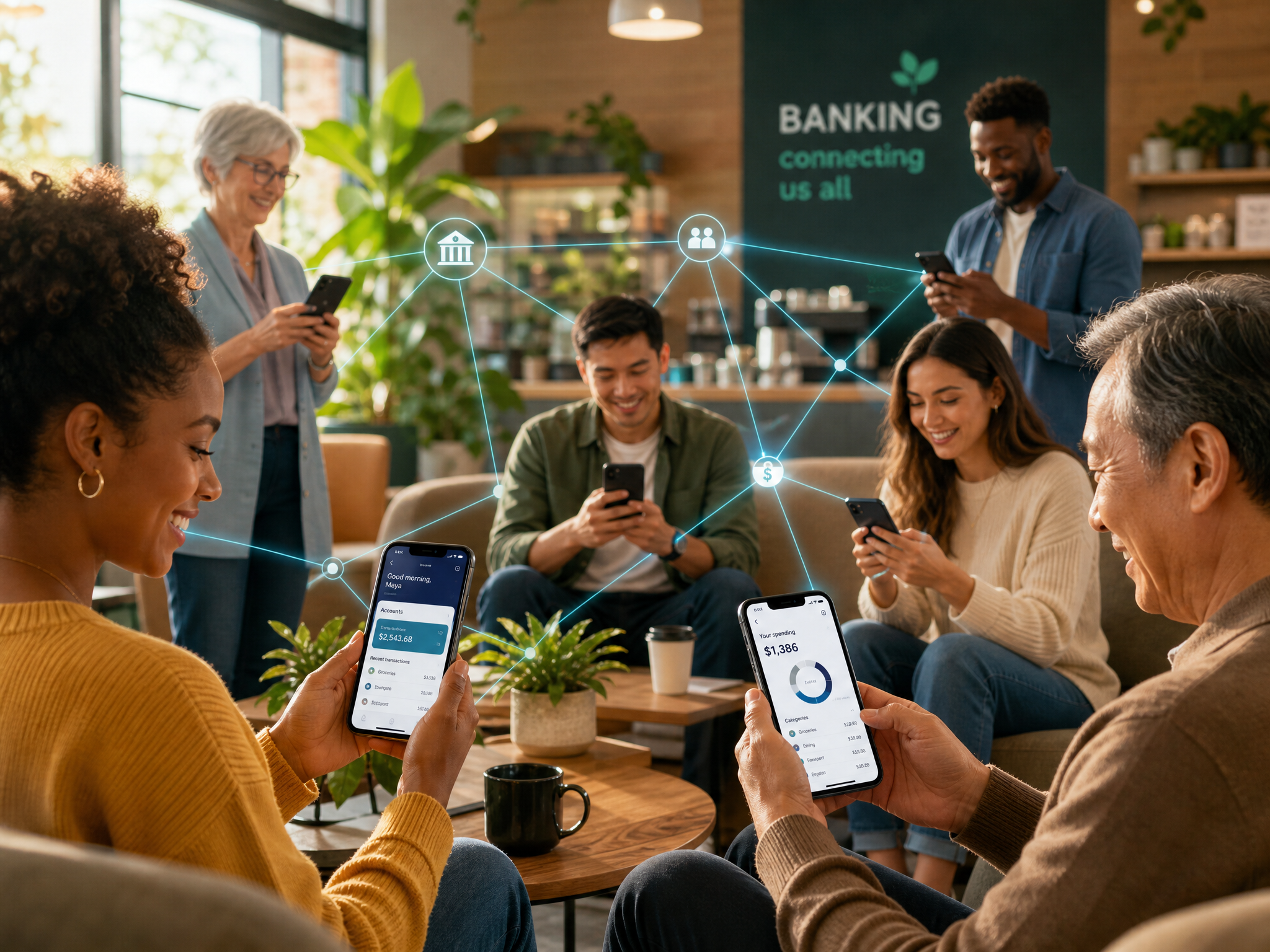 Diverse community members using a mobile banking app connected by a glowing network overlay