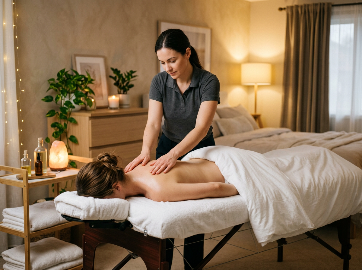 Professional massage therapist providing a mobile massage session