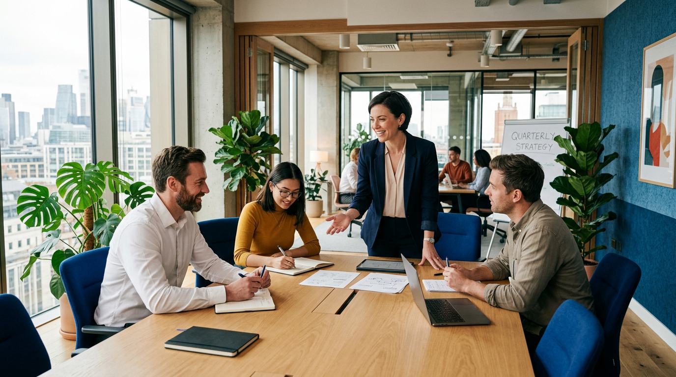 Líder delegando tarefas para equipe em escritório moderno e colaborativo
