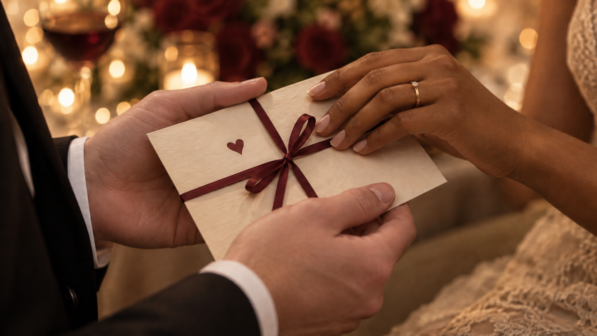 A man and an African woman's hands sharing a ribbon-tied love letter in warm candlelight