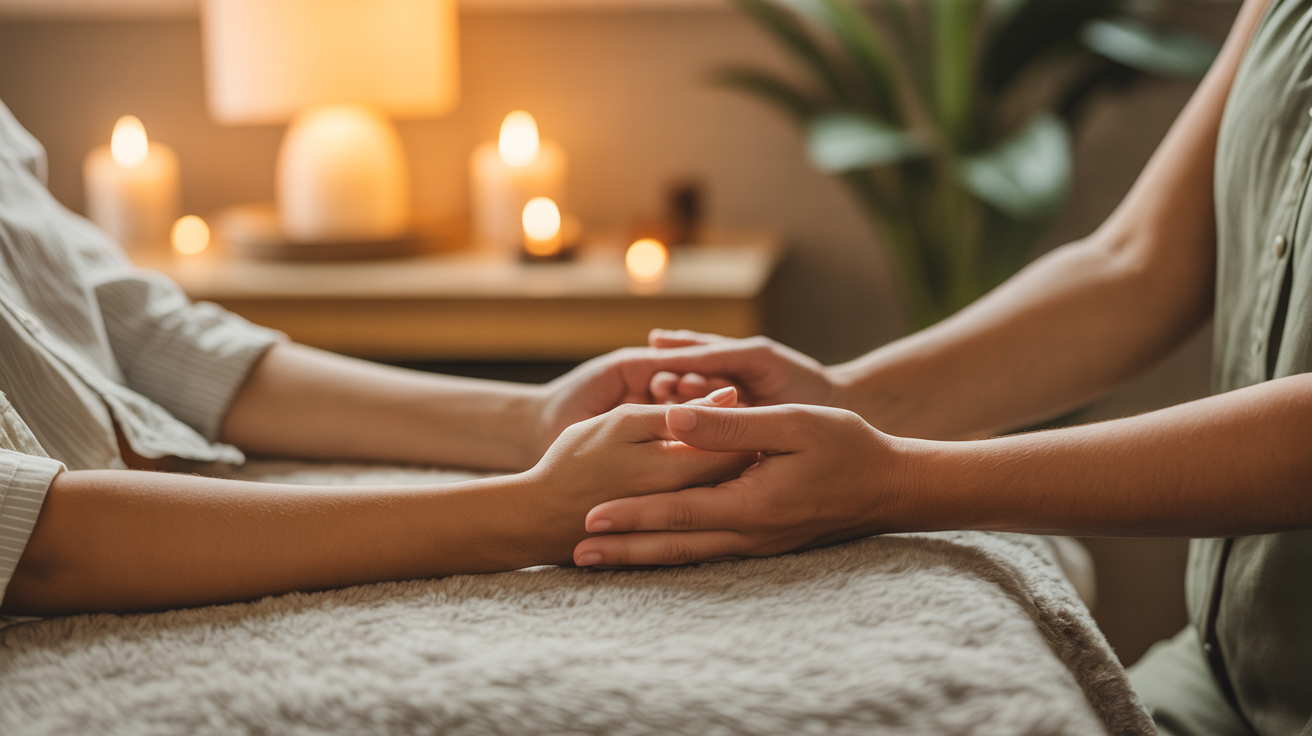 Gentle healing hands with warm light
