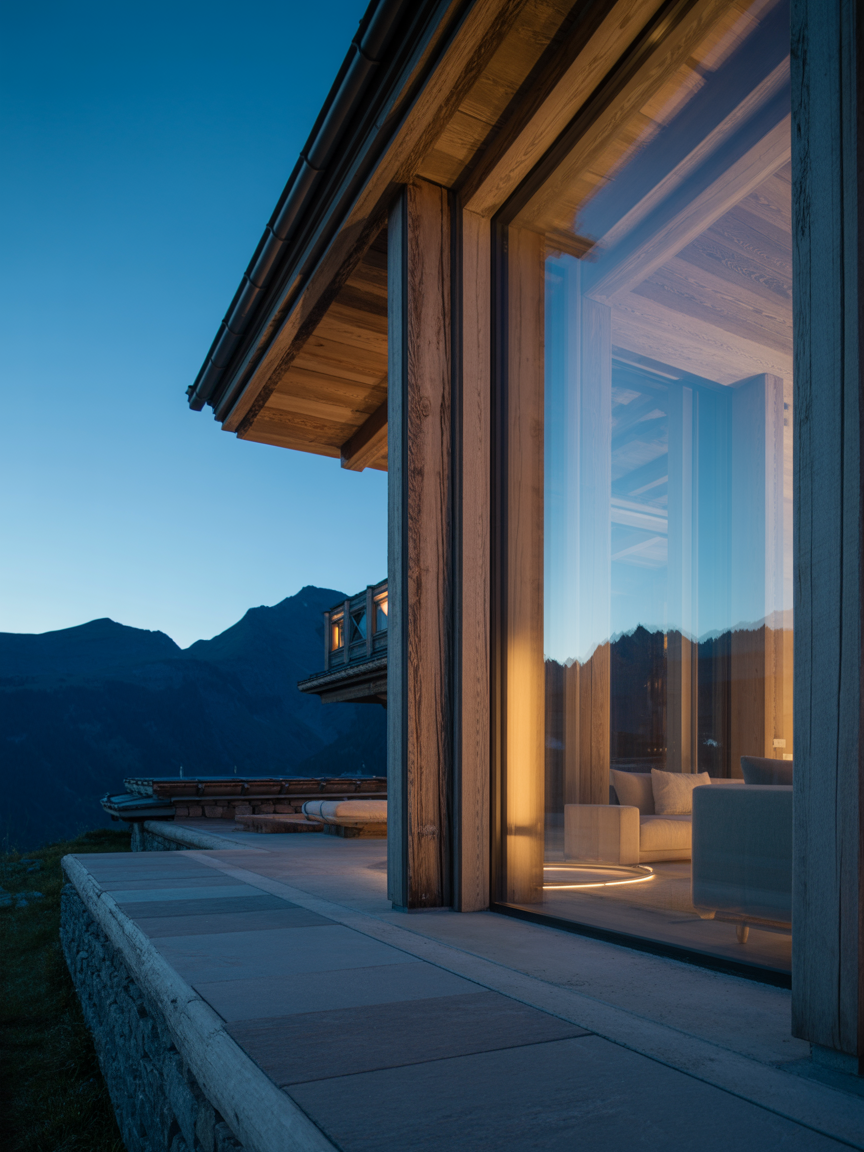 Альпийская архитектура с теплым светом в час сумерек