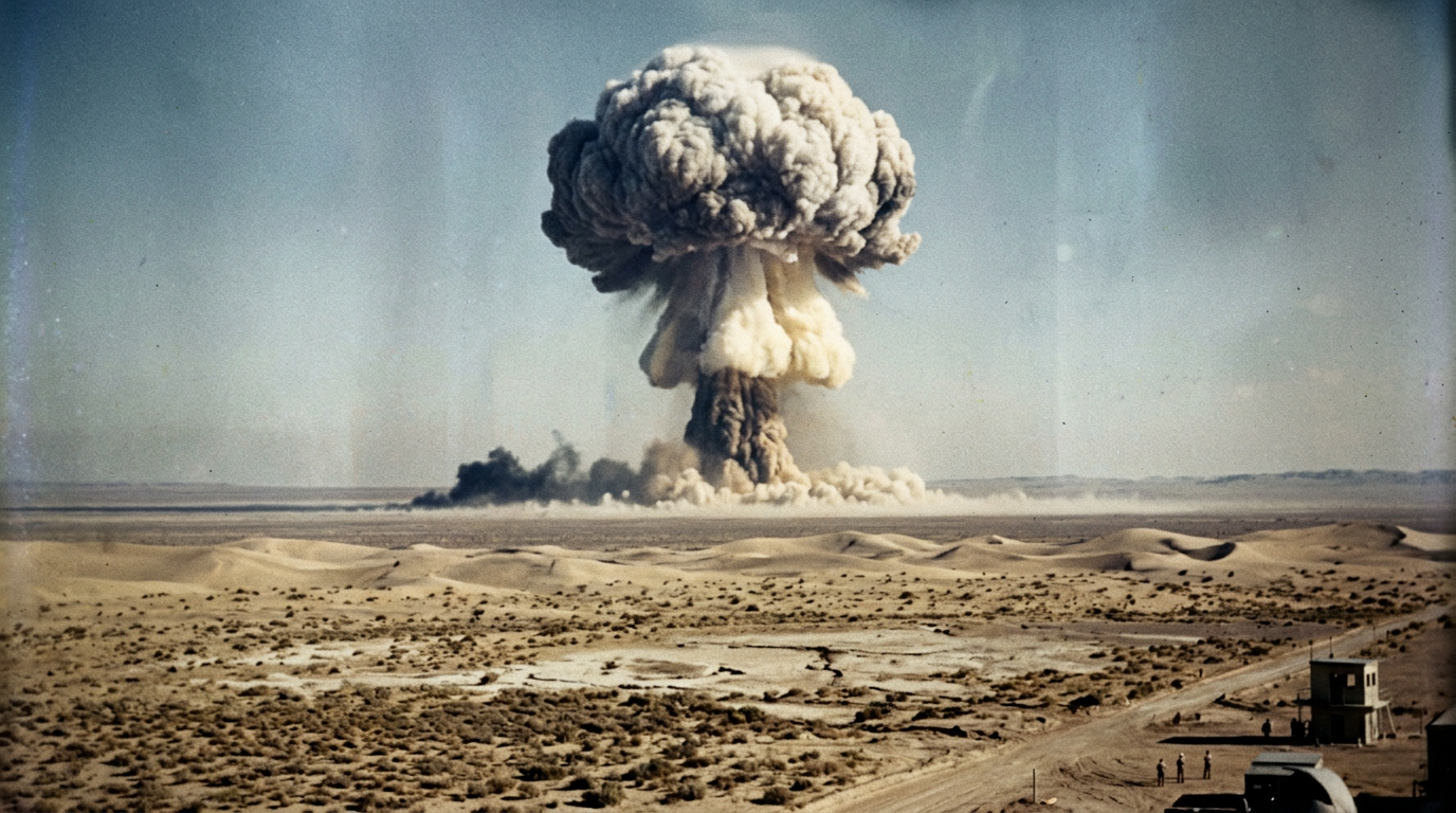 A nuclear weapons test mushroom cloud rising over a barren desert test site
