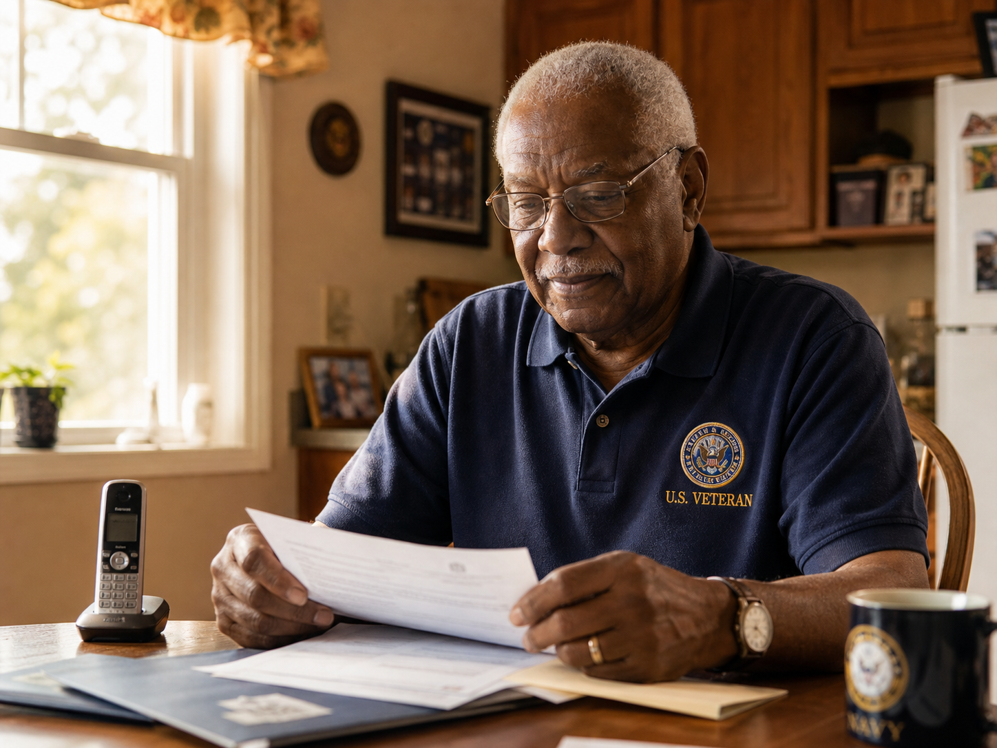 A senior African American veteran at his kitchen table with documents and a phone, preparing to call about VA benefits
