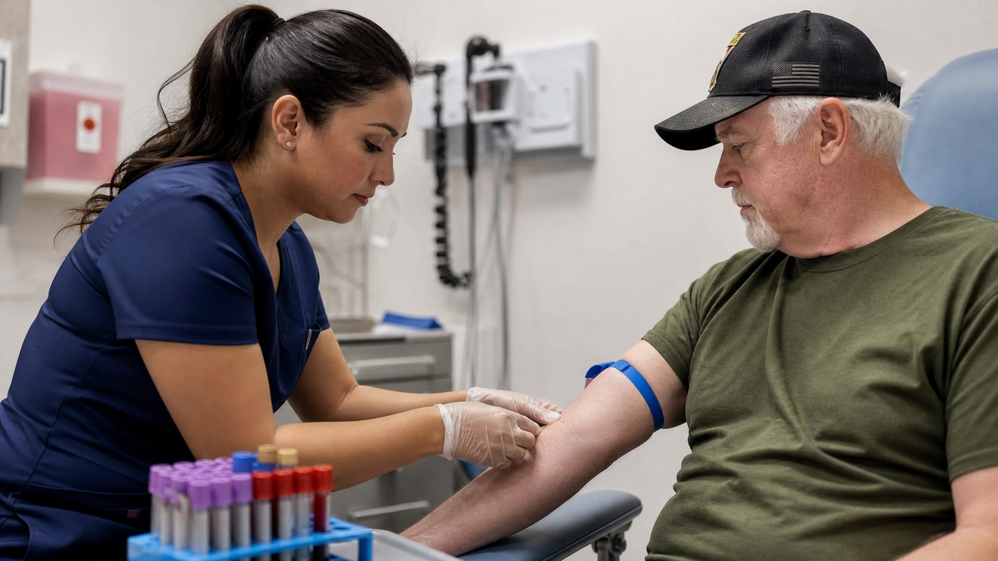 Phlebotomist drawing blood from a veteran for creatinine, BUN, and eGFR testing