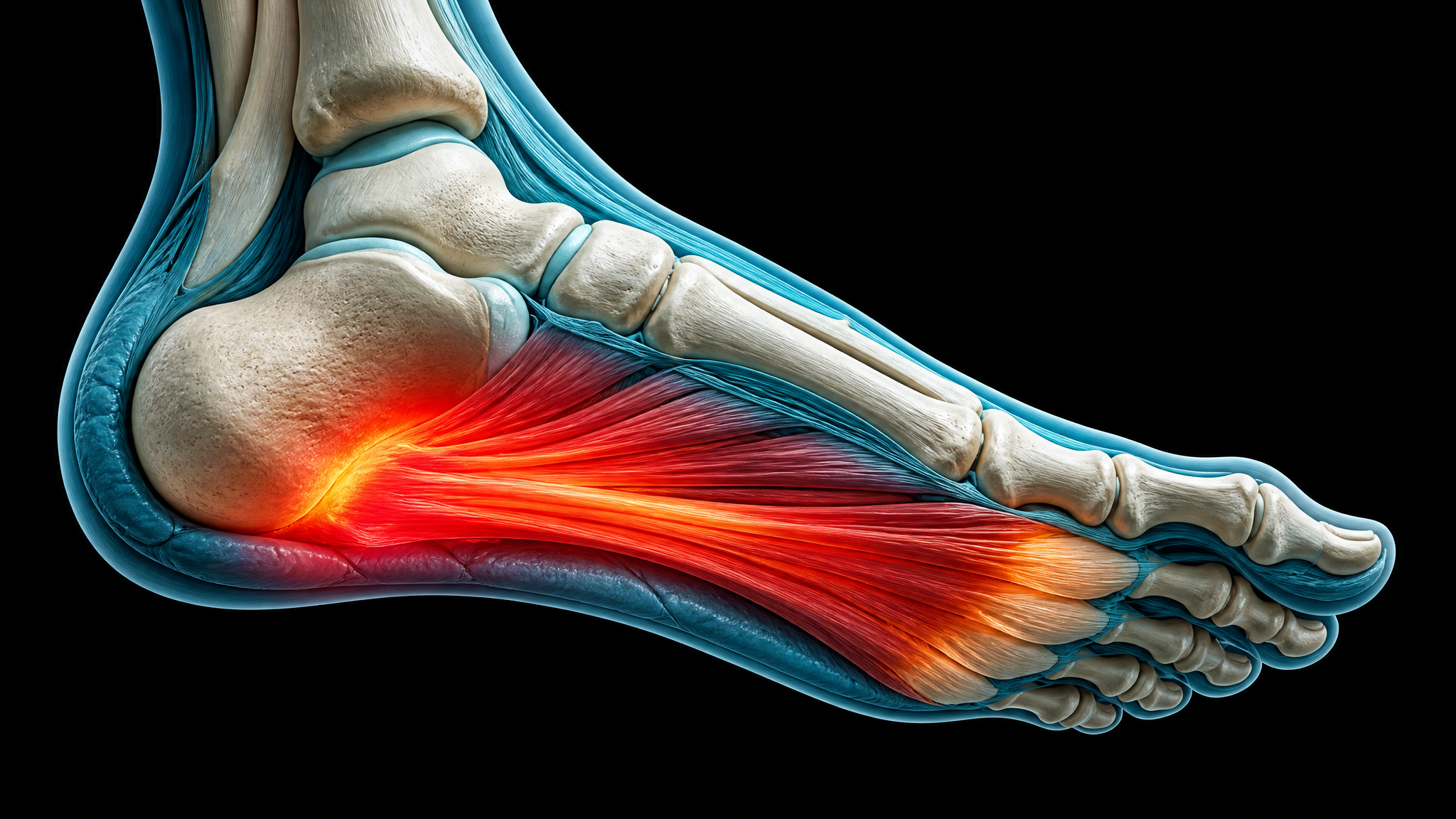 3D anatomical illustration showing the inflamed plantar fascia band stretching from the calcaneus to metatarsal heads with red inflammation highlighting on a black background