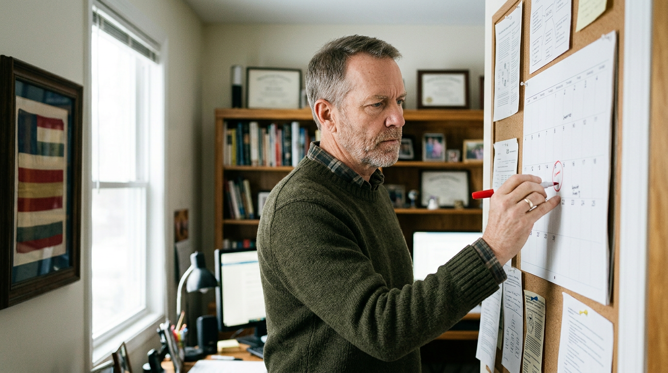 A veteran circling a date on a wall calendar in his home office