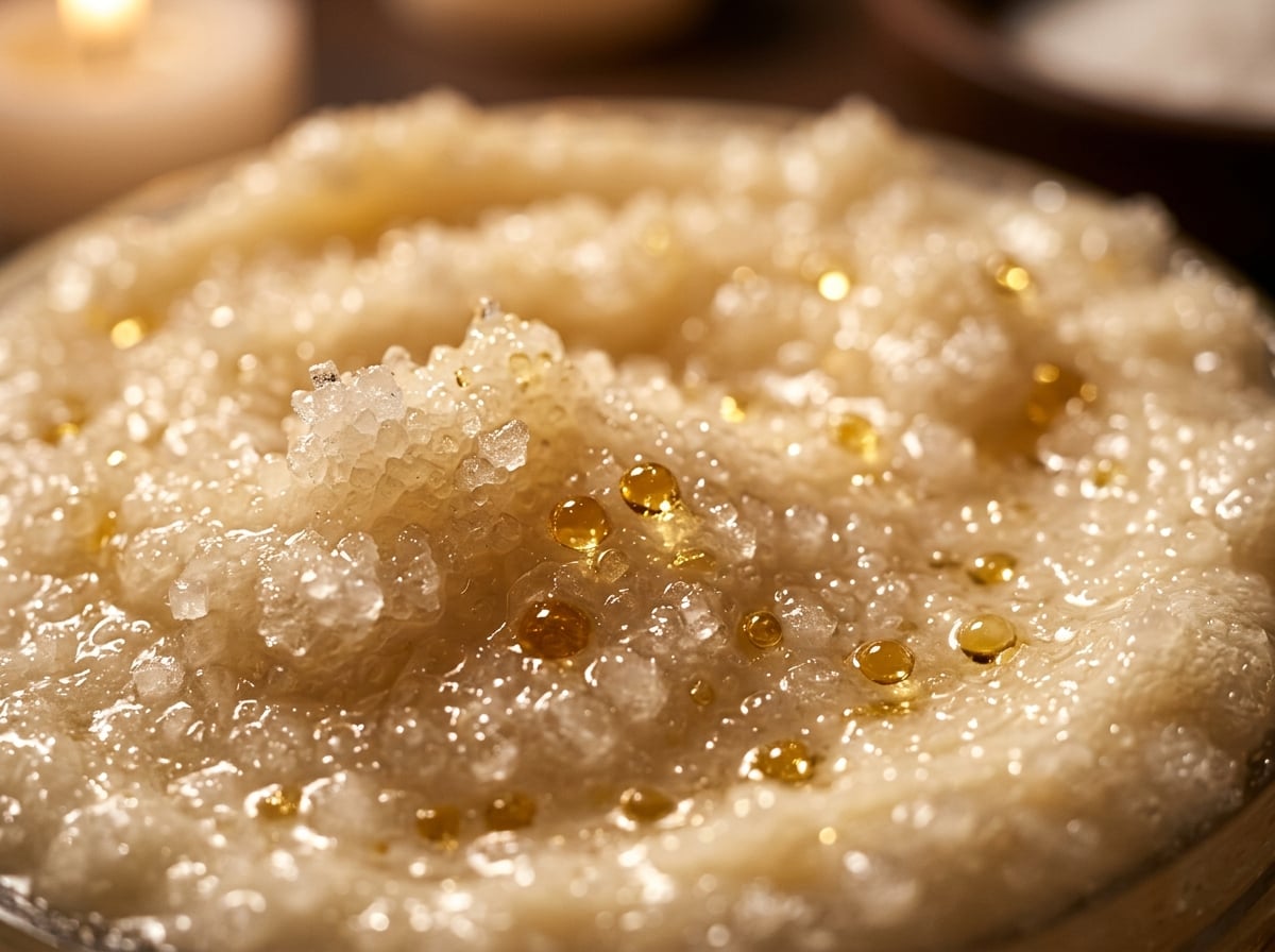 Close-up texture of CBD body scrub showing exfoliating particles and hemp extract