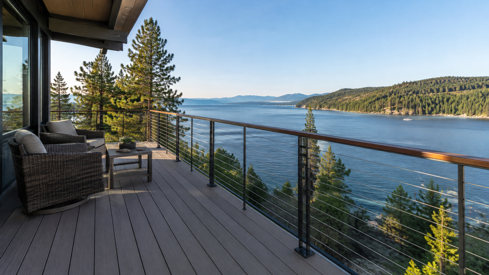 Stainless steel cable railing system on a lakefront deck