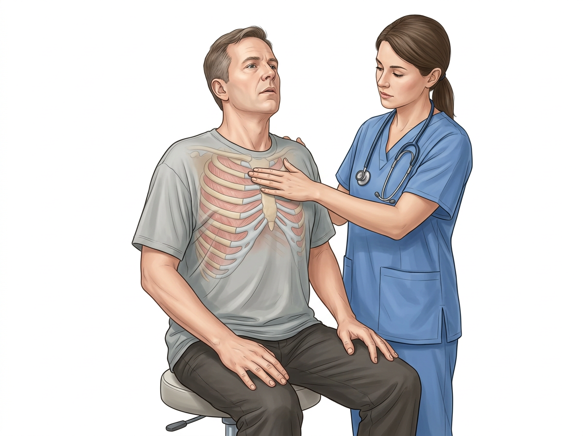 Illustration of a clinician asking a seated patient to take a deep breath while pain lights up along the rib band
