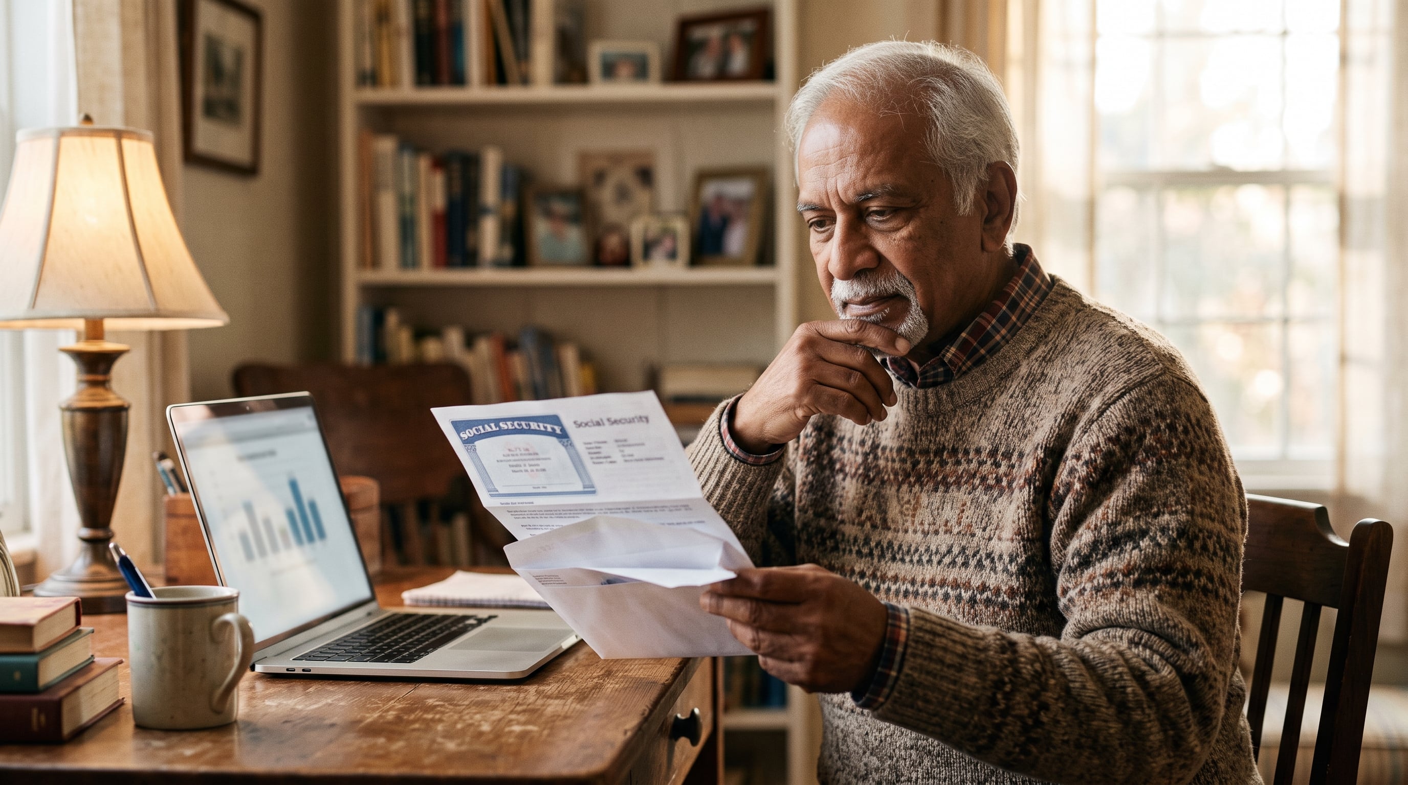 A senior South Asian man reviewing a Social Security statement at his home desk