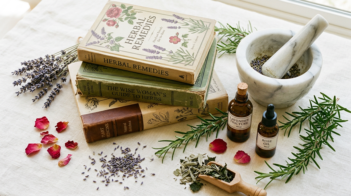 Herbal books, dried herbs, and mortar and pestle on a clean background
