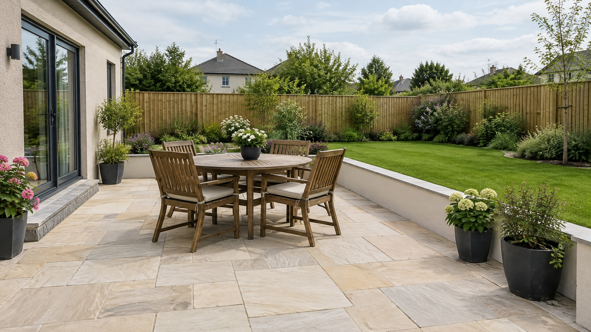 Clean sandstone patio in an Irish garden