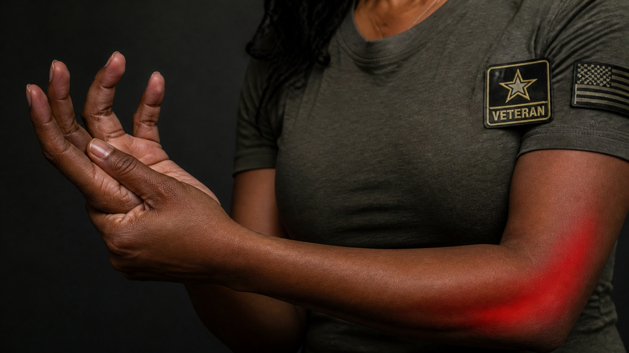 Close-up of a veteran rubbing numb ring and little fingers, with the ulnar nerve pathway highlighted from the inner elbow to the hand