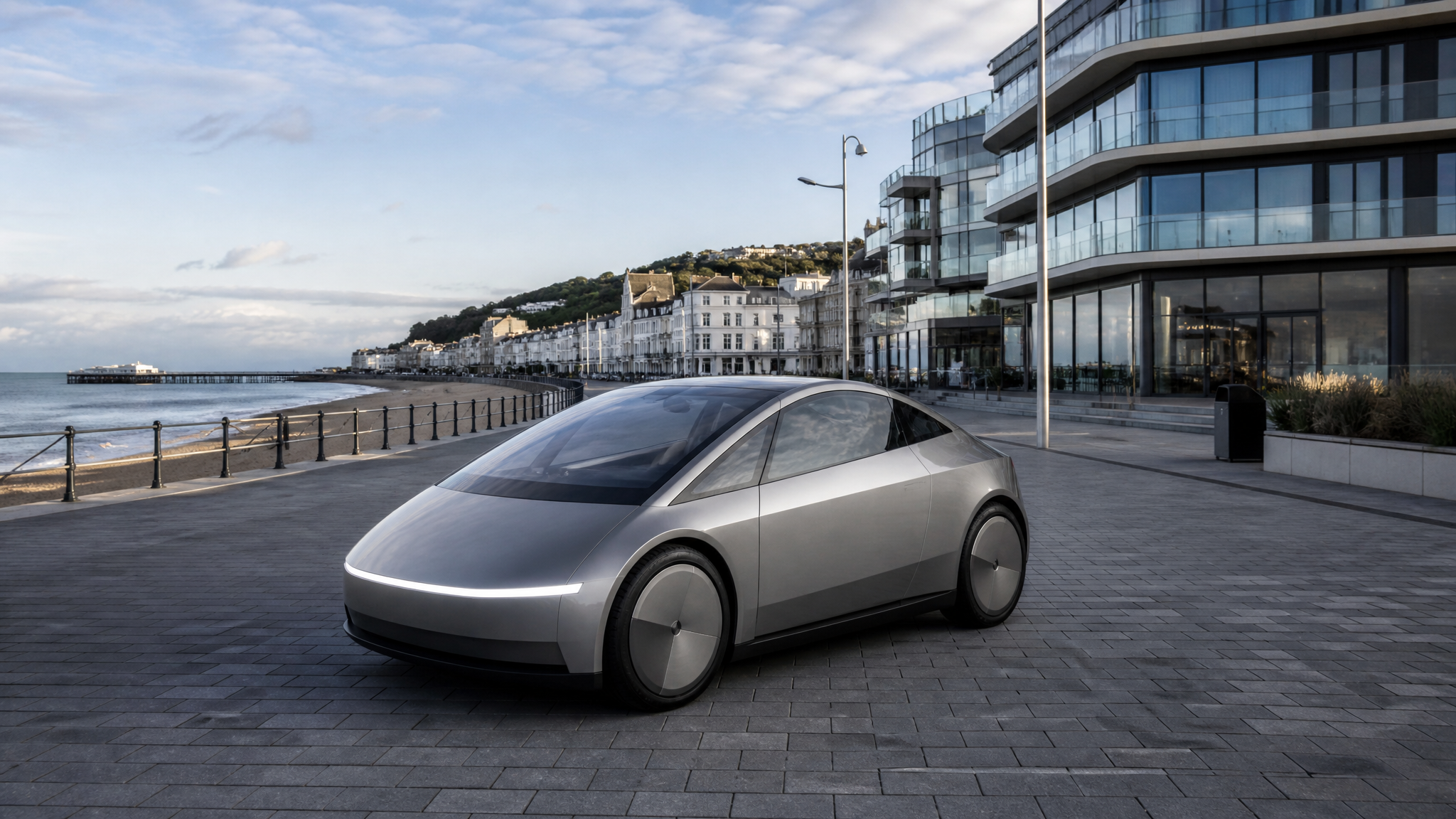 Futuristic autonomous vehicle on a modern British seafront promenade