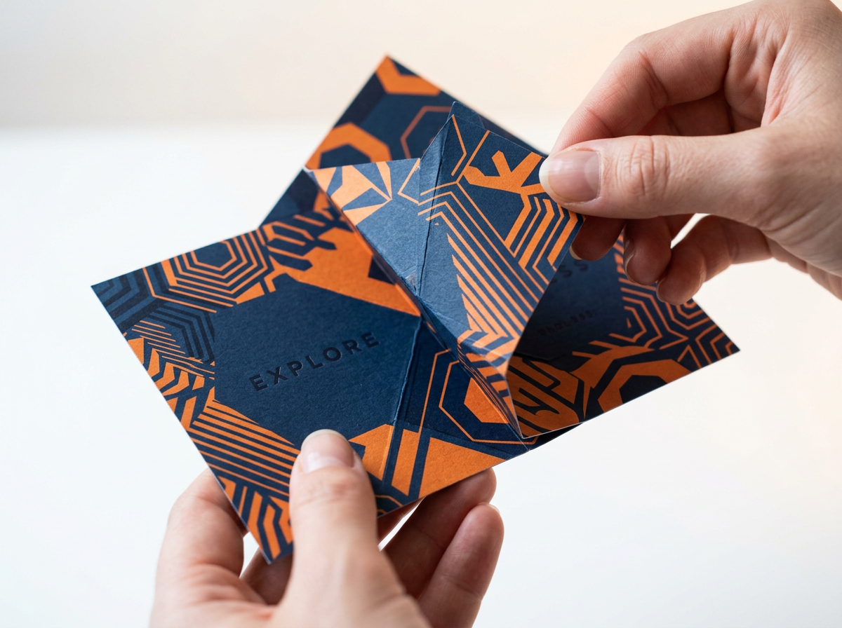 Hands opening a navy and orange infinity card, revealing the next printed panel