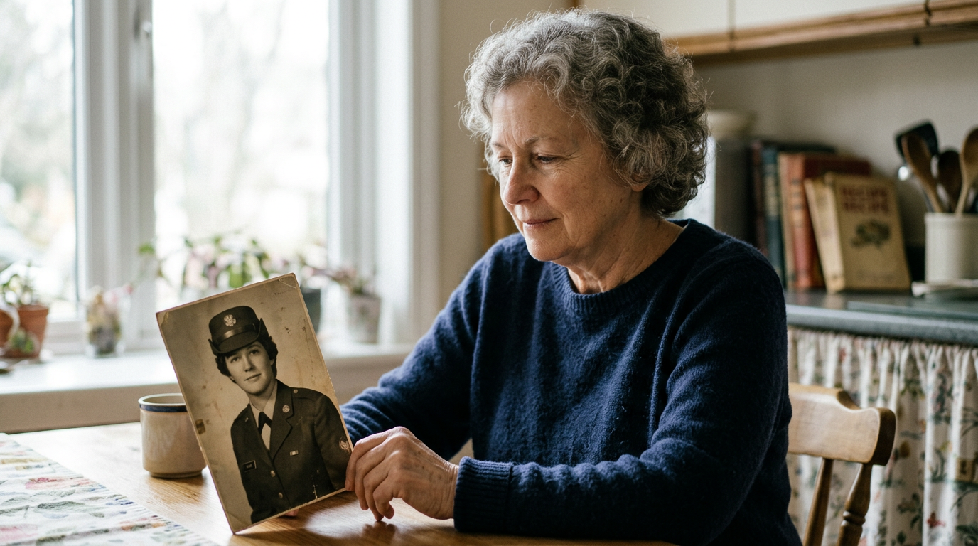 An older woman veteran holding a photo of her younger self in uniform