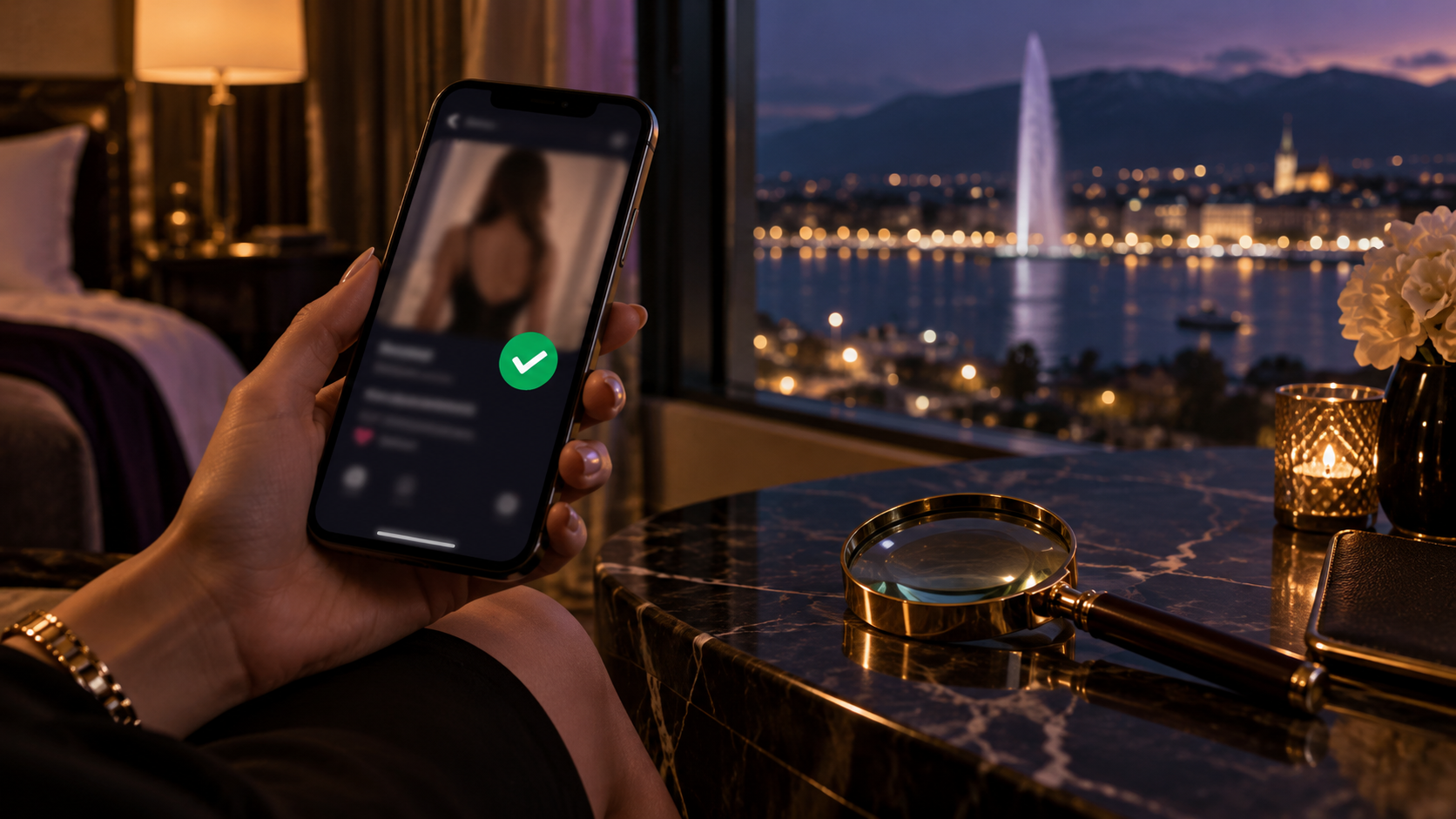 Main tenant un smartphone affichant un profil escort vérifié, loupe sur une table en marbre, vue nocturne sur le Jet d'eau de Genève