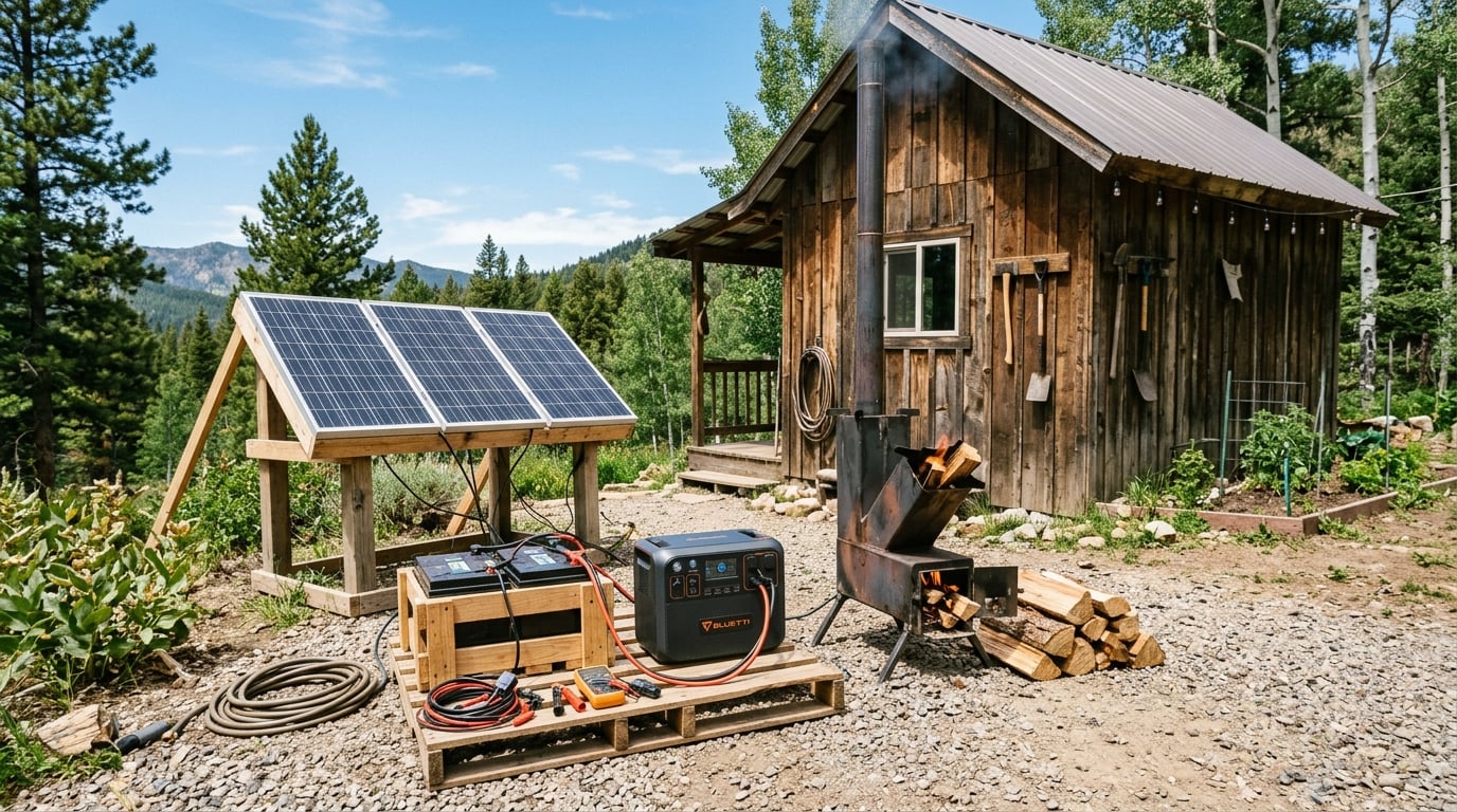 Small solar panel connected to a portable power station and a wood rocket stove outside a rustic home