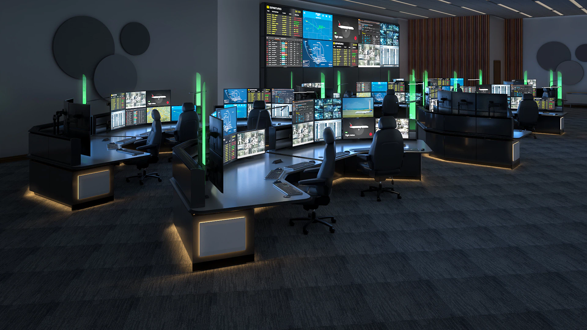 Modern security operations center with multiple surveillance monitors