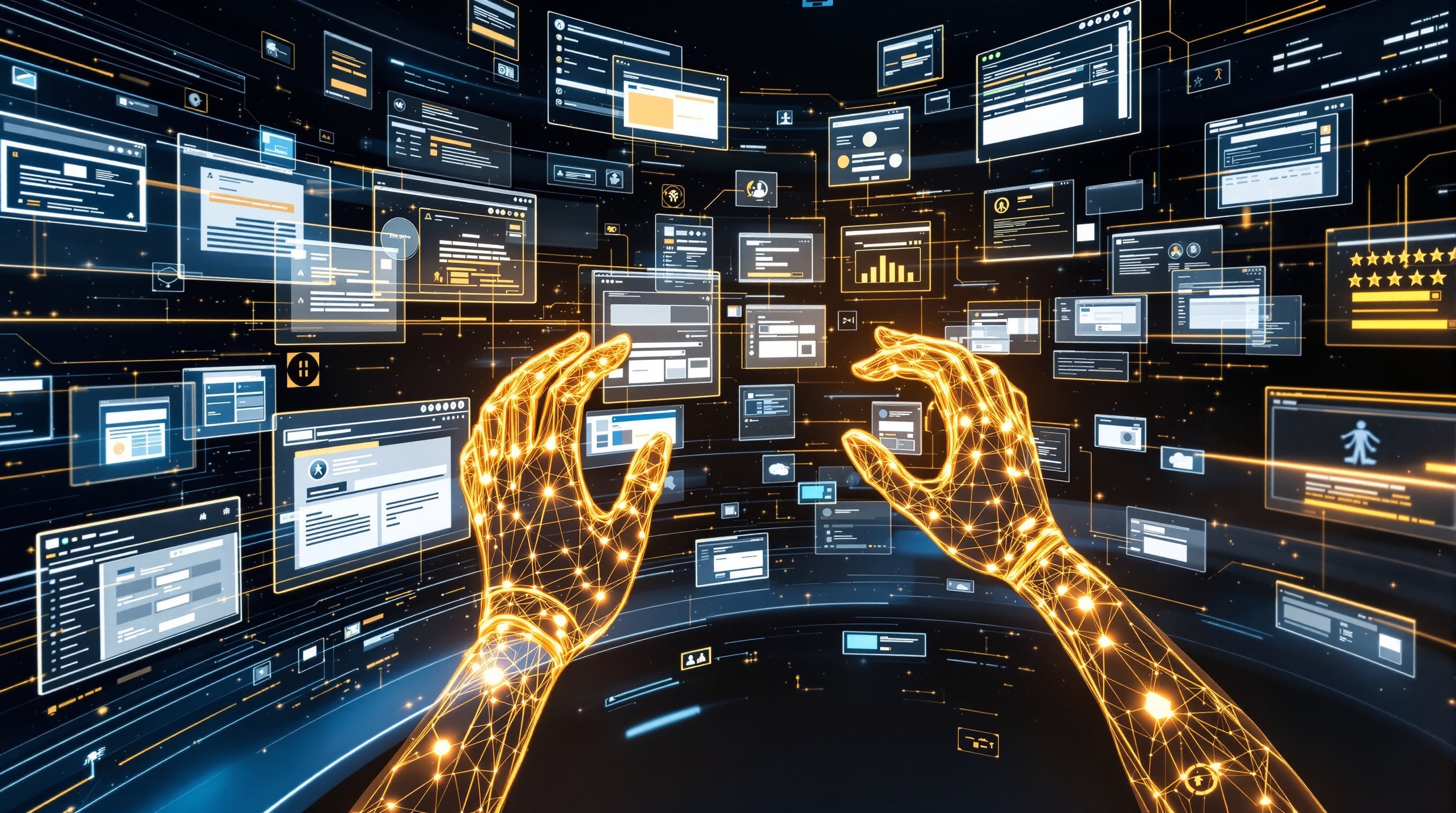 Futuristische KI-Hände aus goldenem Licht bedienen mehrere Browser-Fenster gleichzeitig