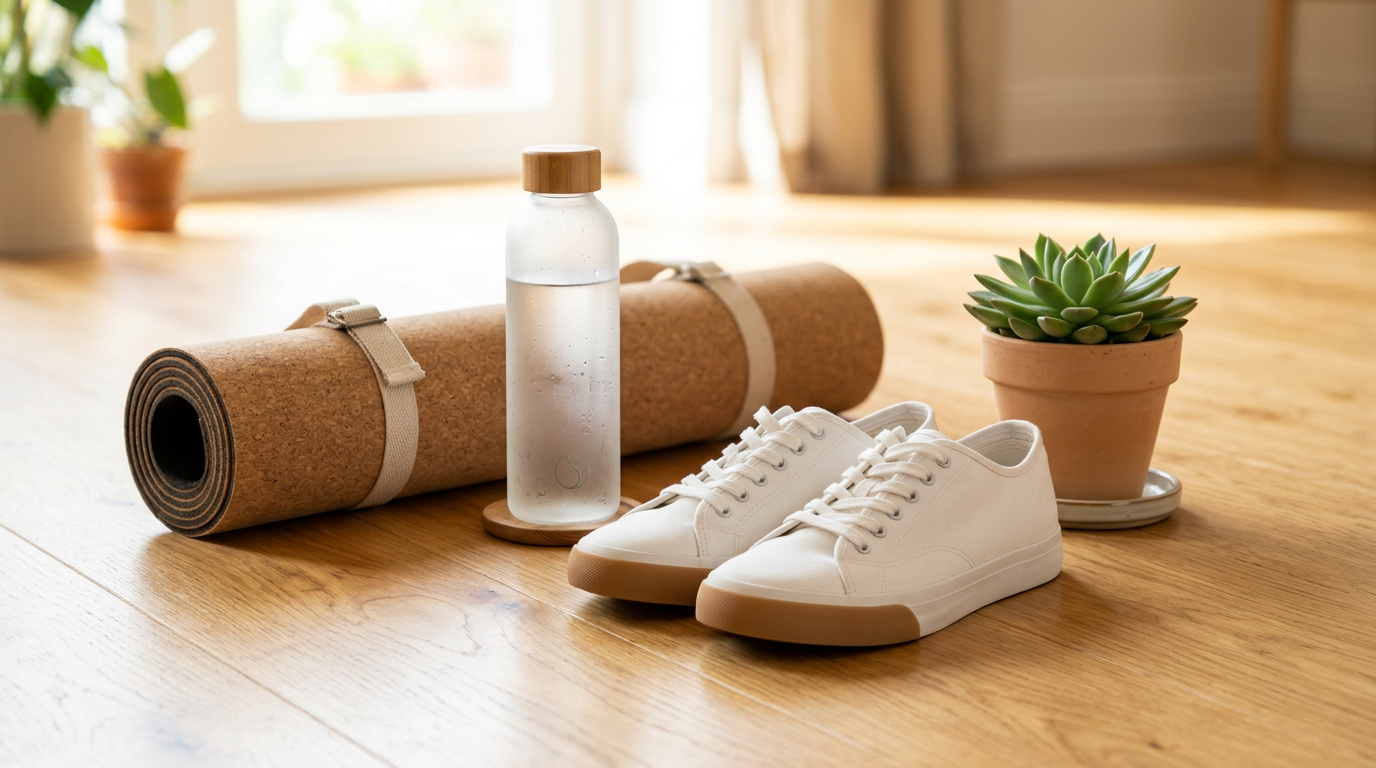 White trainers beside a rolled yoga mat, water bottle and a small plant on a polished wooden floor in bright natural light