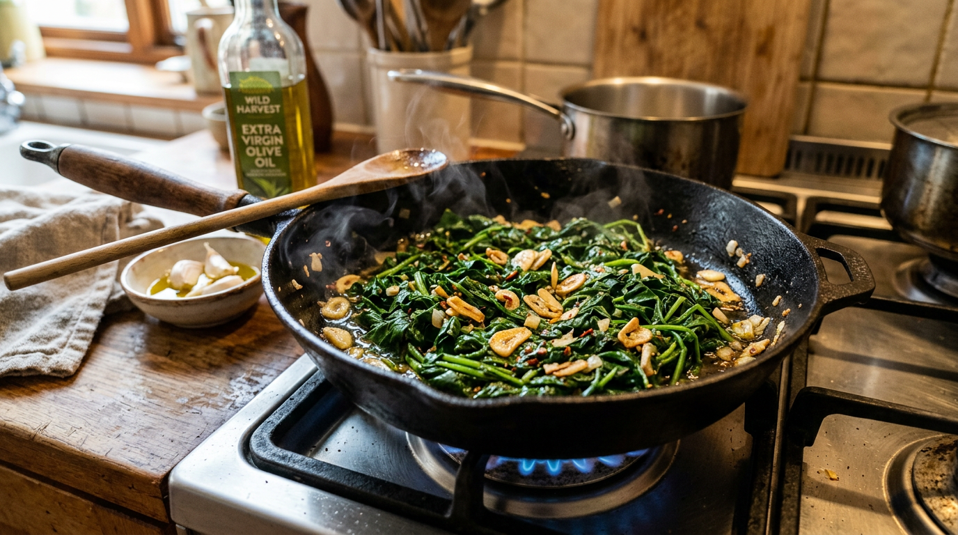 Sautéed lamb's quarters wild spinach in a cast iron skillet with garlic and olive oil