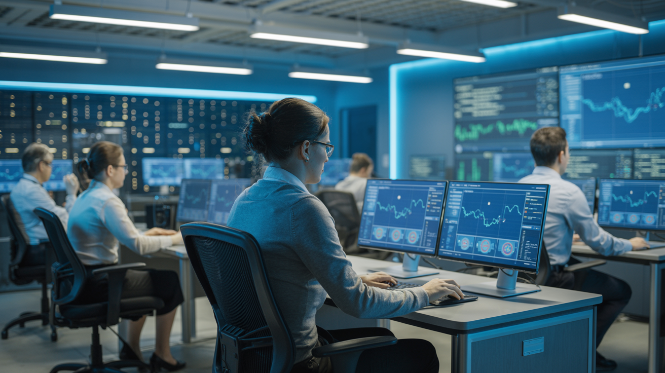 Modern SOC operations center with cybersecurity analysts monitoring security dashboards