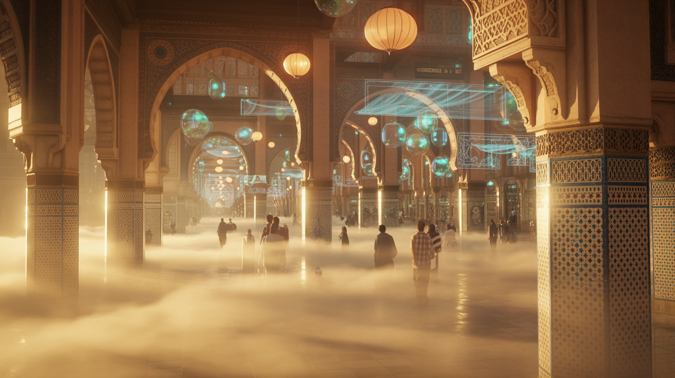 Futuristic Moroccan souk marketplace