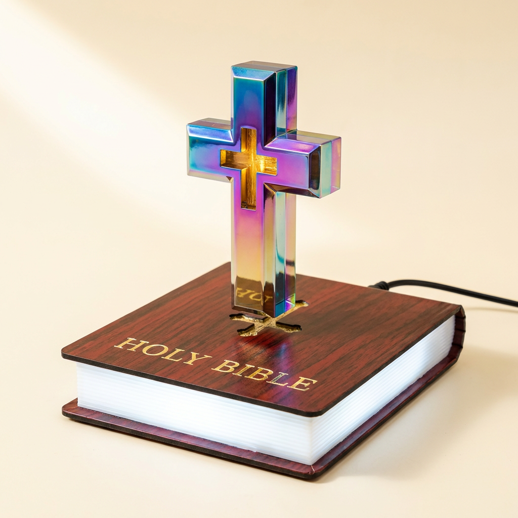 VERITŌ lamp solo studio shot showing amber cross and glowing Bible base
