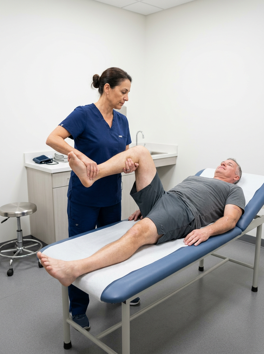 Female clinician passively lifting the leg of a male veteran patient lying supine on an exam table to test hip flexion range